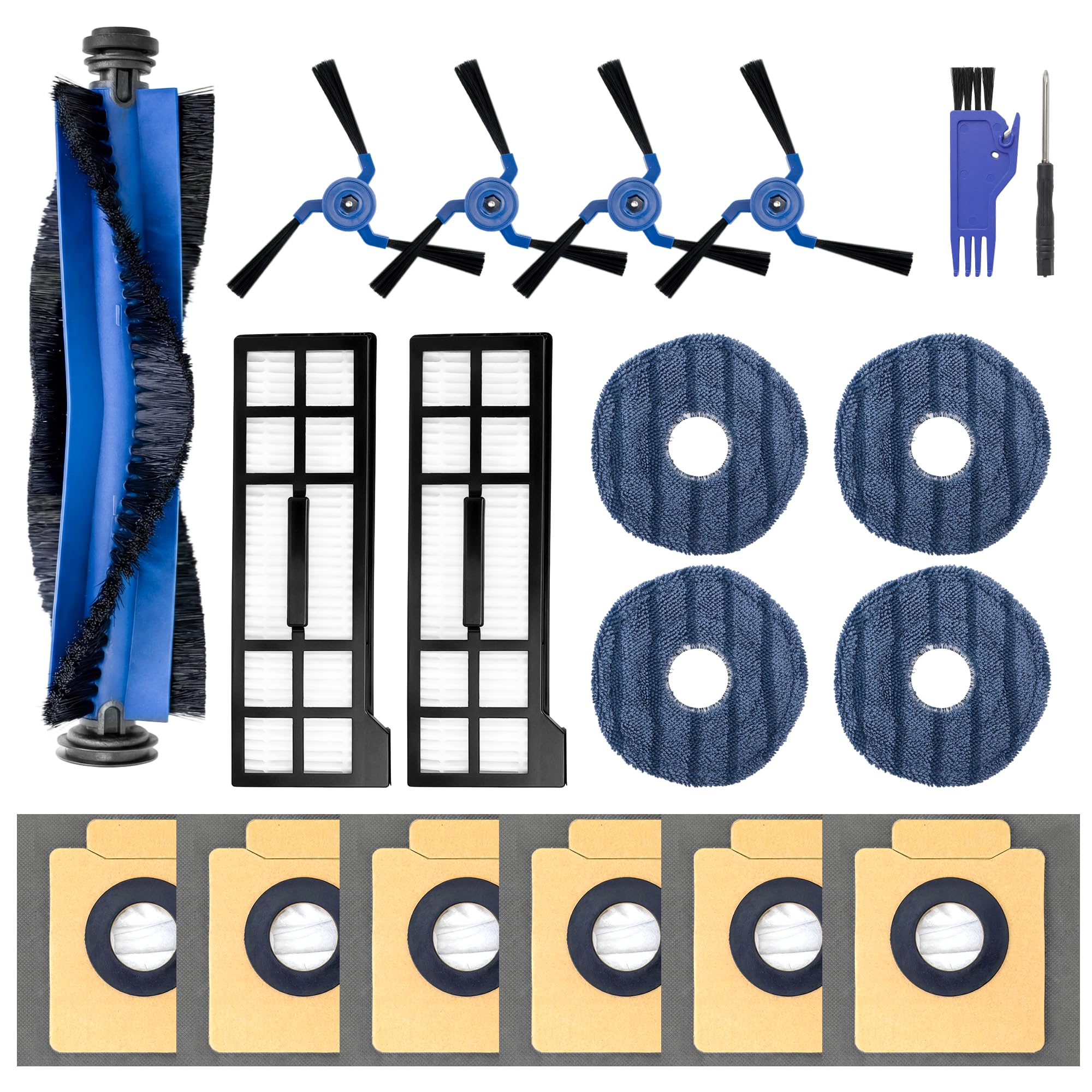 Replacement Accessories Kit for Eufy X10 Pro Omni Vacuum Cleaner,19 Pcs Includes 1 Main Brush,4 Mop Cloth Pads,4 Side Brushes,2 HEPA Filters,6 Replacement Dust Bags,1 Cleaning Tools,1 Screwdriver