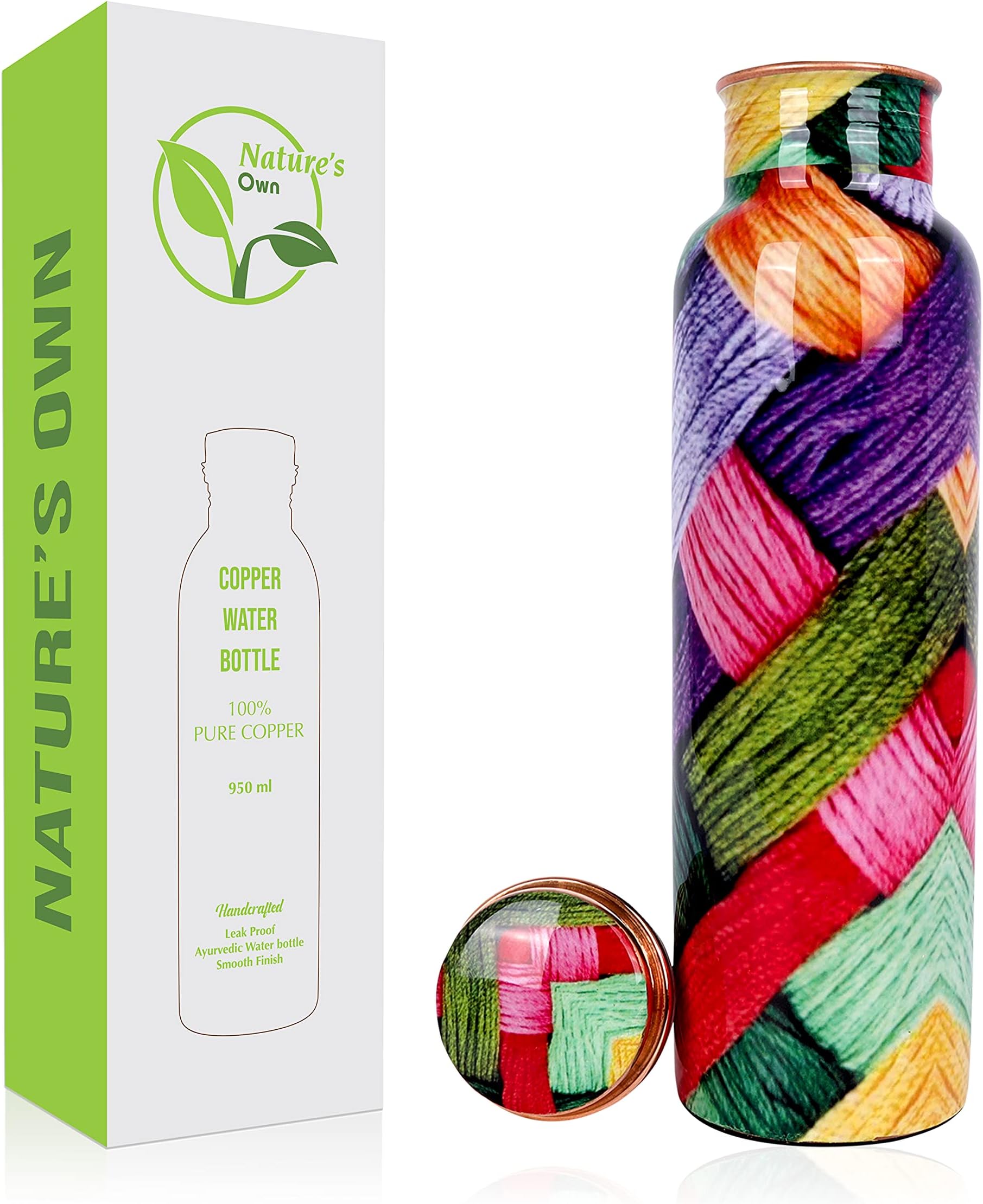 Nature's Own Pure Copper Water Bottle 1000ml - 34 Oz Extra Large Ayurvedic Vessel for Drinking More Water - Leak Proof Heavy Duty (Multicolored Threads)