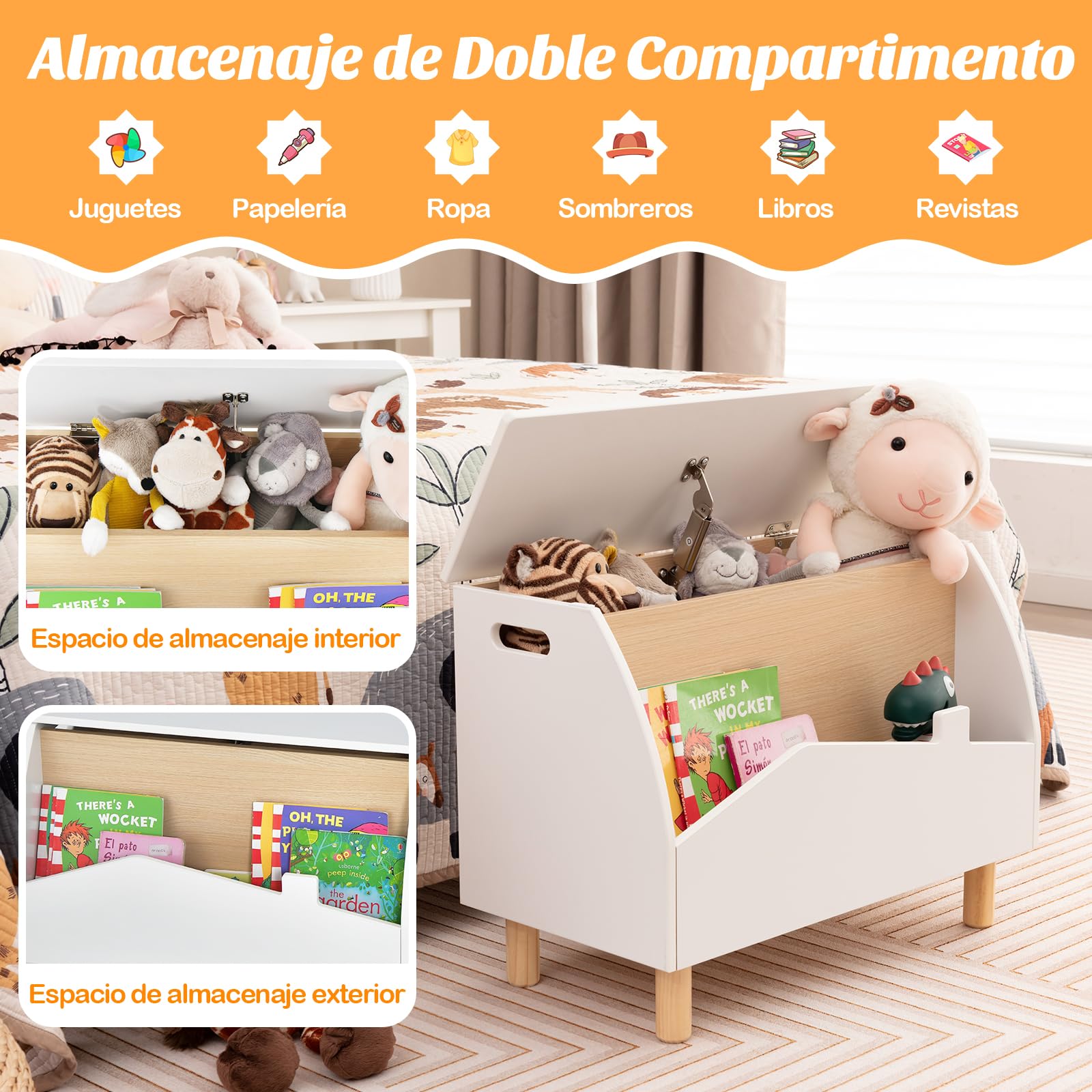 COSTWAY Estantería de Juguetes con Almacenamioneto, Baúl de Juguetes de Madera con Estante Expositor, Librería Infantil con Bisagra de Seguridad, Caja de Juguetes para Niñas y Niños (Blanco)