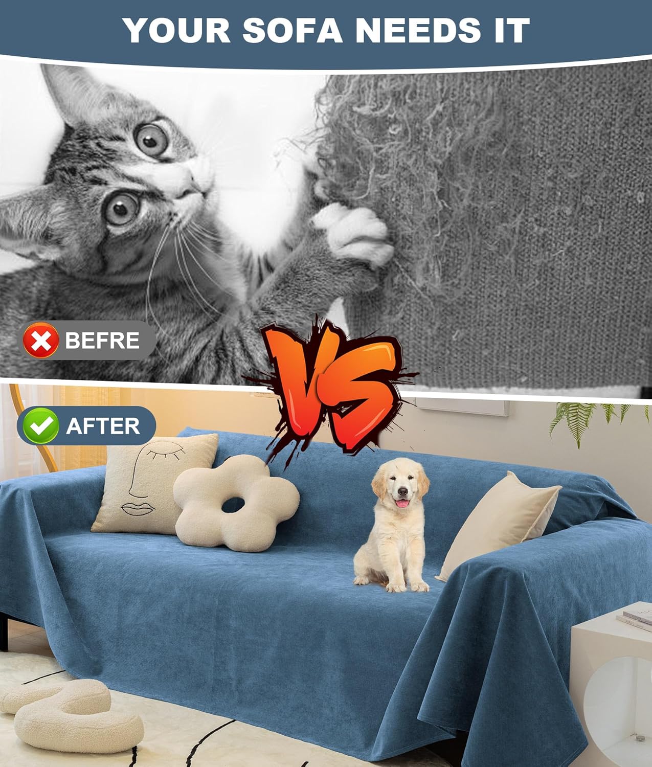 Beacon Pet Sofa Cover for 3 Seat Dog Couch, Waterproof Couch Cover for Love Seat & L Shape Sofa (Navy, 71" X134")