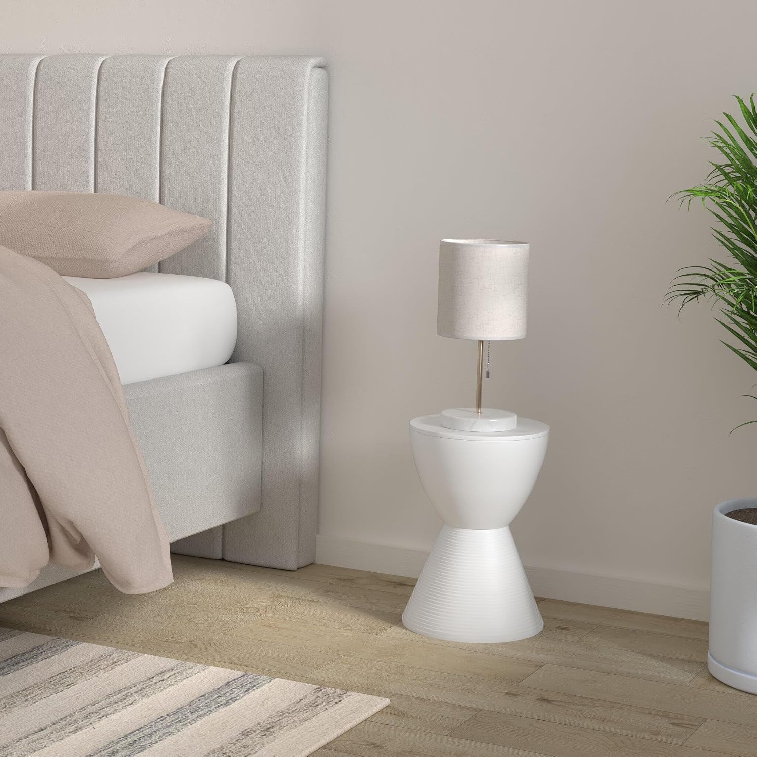LeisureMod Modern Hourglass White Side Table - ABS Shell Drum End Table with Storage for Indoor & Outdoor Use
