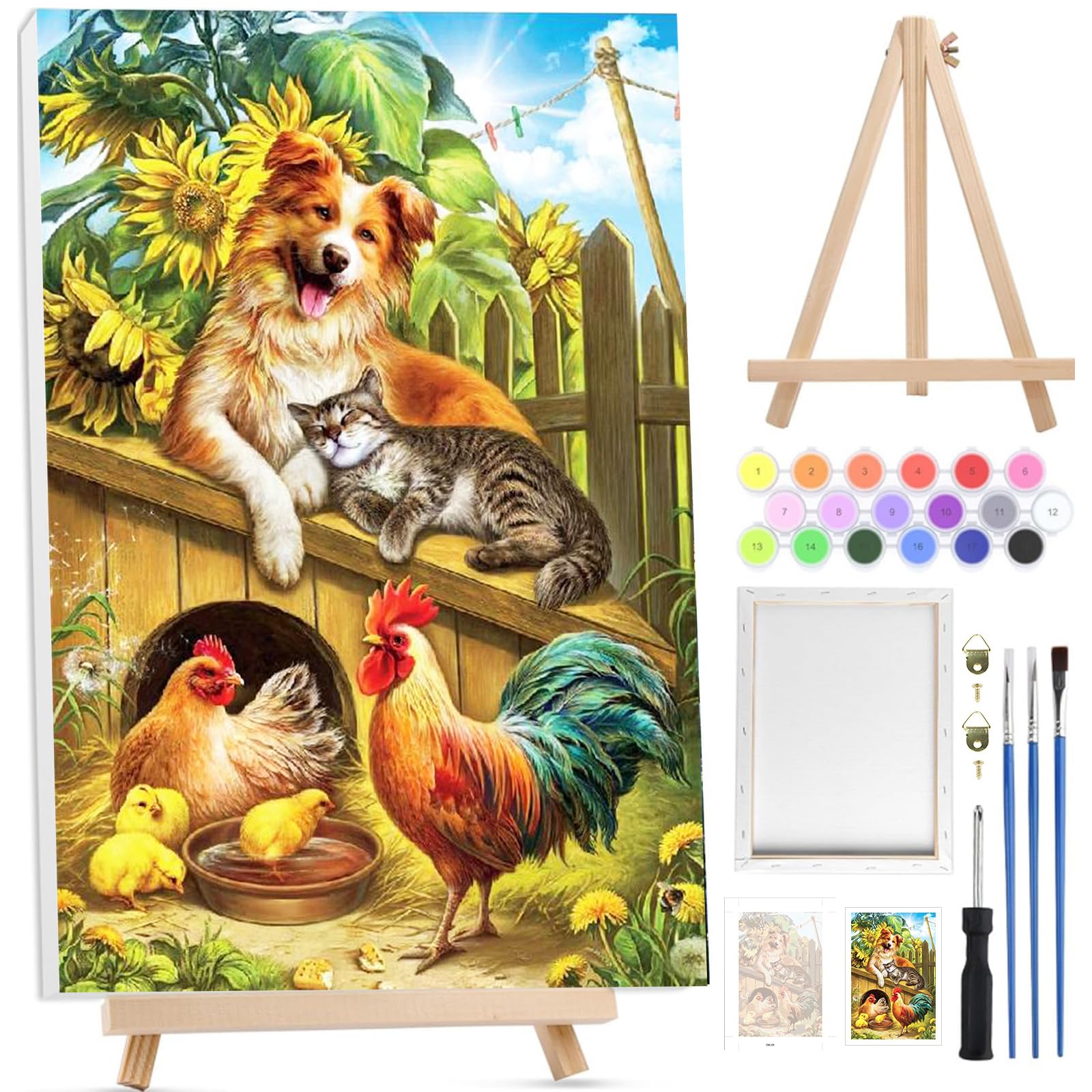 Bowetile Easter Paint by Numbers for Adults with Framed Canvas&Wooden Easel,Rooster Painting by Number Kit for Adults Beginners Canvas Kit,Color Oil Painting Acrylic Paints for Home Wall Decor20x30cm