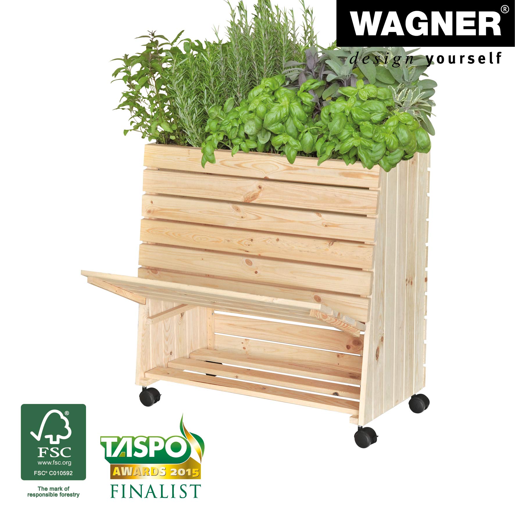 WAGNER GreenFAMILY - Huerto Urbano móvil - GreenBOX - XL - Madera Blanda Maciza, FSC®, Natural, 79 x 80 x 53/43 cm, 4 Ruedas, 2 Frenos, Tapa de Almacenamiento, Incl. Bolsa para Plantas - 25013101