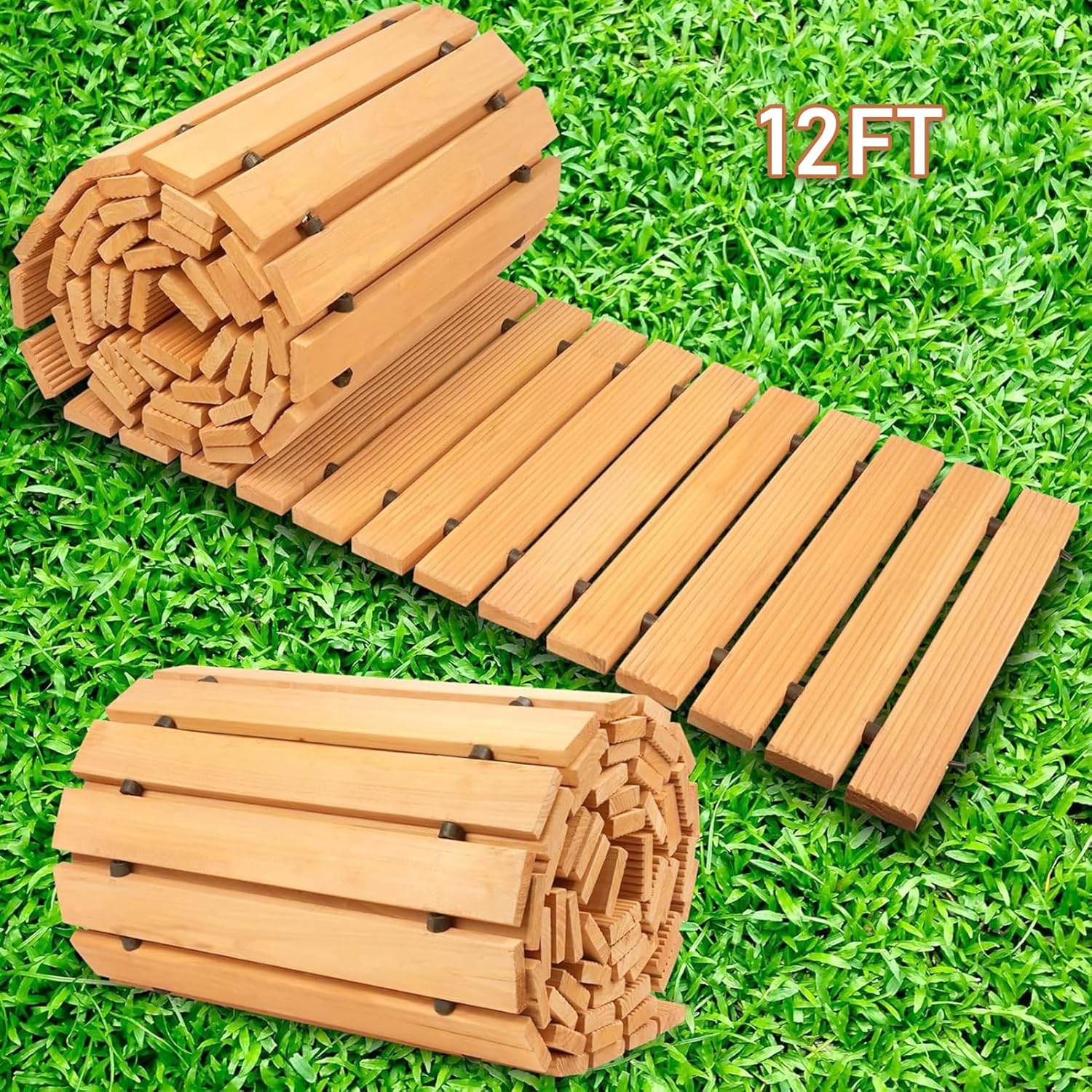 Roll Out Cedarwood Garden Pathway,12FT Roll Out Garden Pathway, Natural Cedarwood Non-Slip Outdoor Walkway, Foldable Wooden Path with Rubber Spacers for Patio, Yard, Beach, Wedding and Party