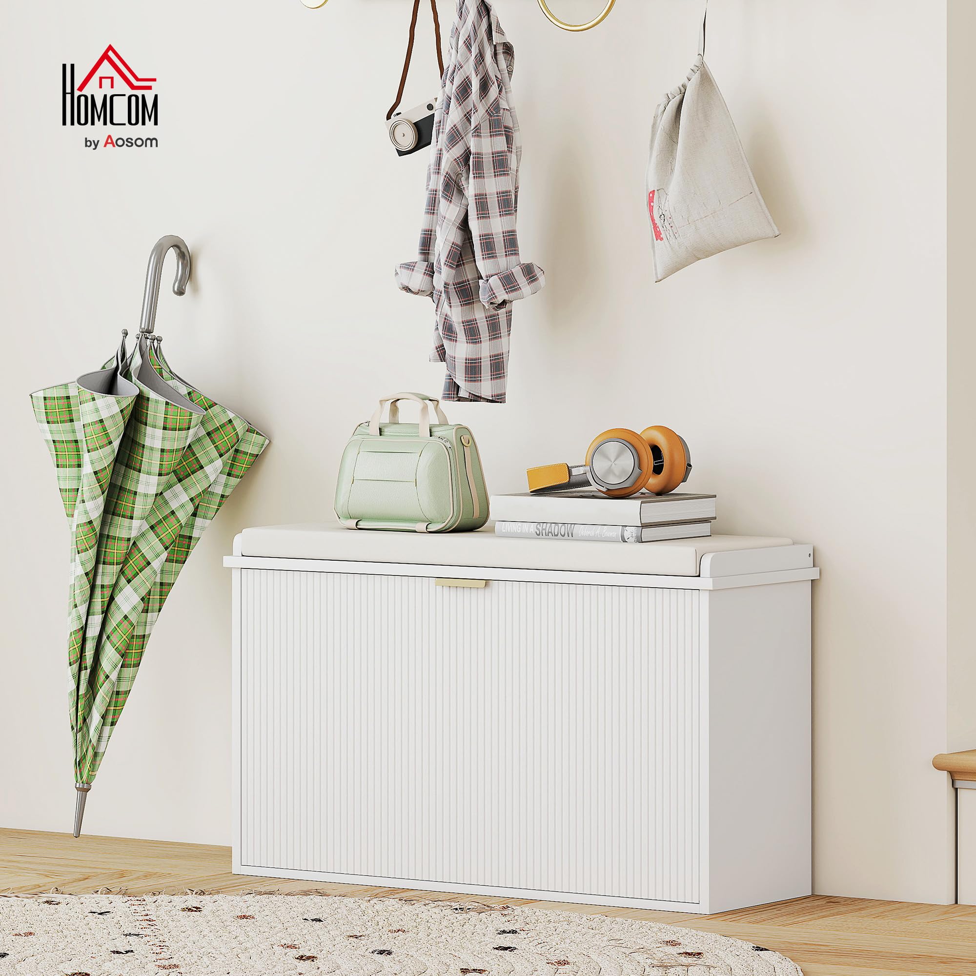 HOMCOM Panca Scarpiera Ripiano Regolabile, 80x26x47.5 cm, Bianco e Beige | Ripiano Interno Rimovibile, Mobile Scarpiera, Legno Effetto Lino e Tessuto