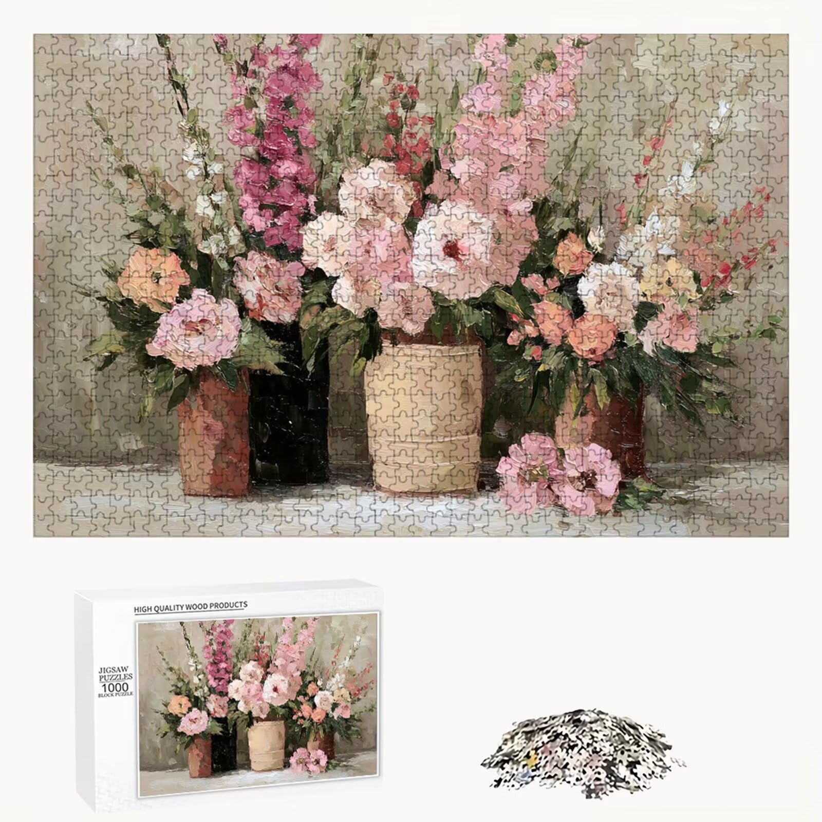 1200 elementów, puzzle dla dorosłych, różowe i kwiatowe, wytrzymałe drewniane puzzle o idealnym dopasowaniu, 75 x 50 cm, w zestawie plakat, prezent i uwaga, dekoracja ścienna, nie dla dzieci poniżej