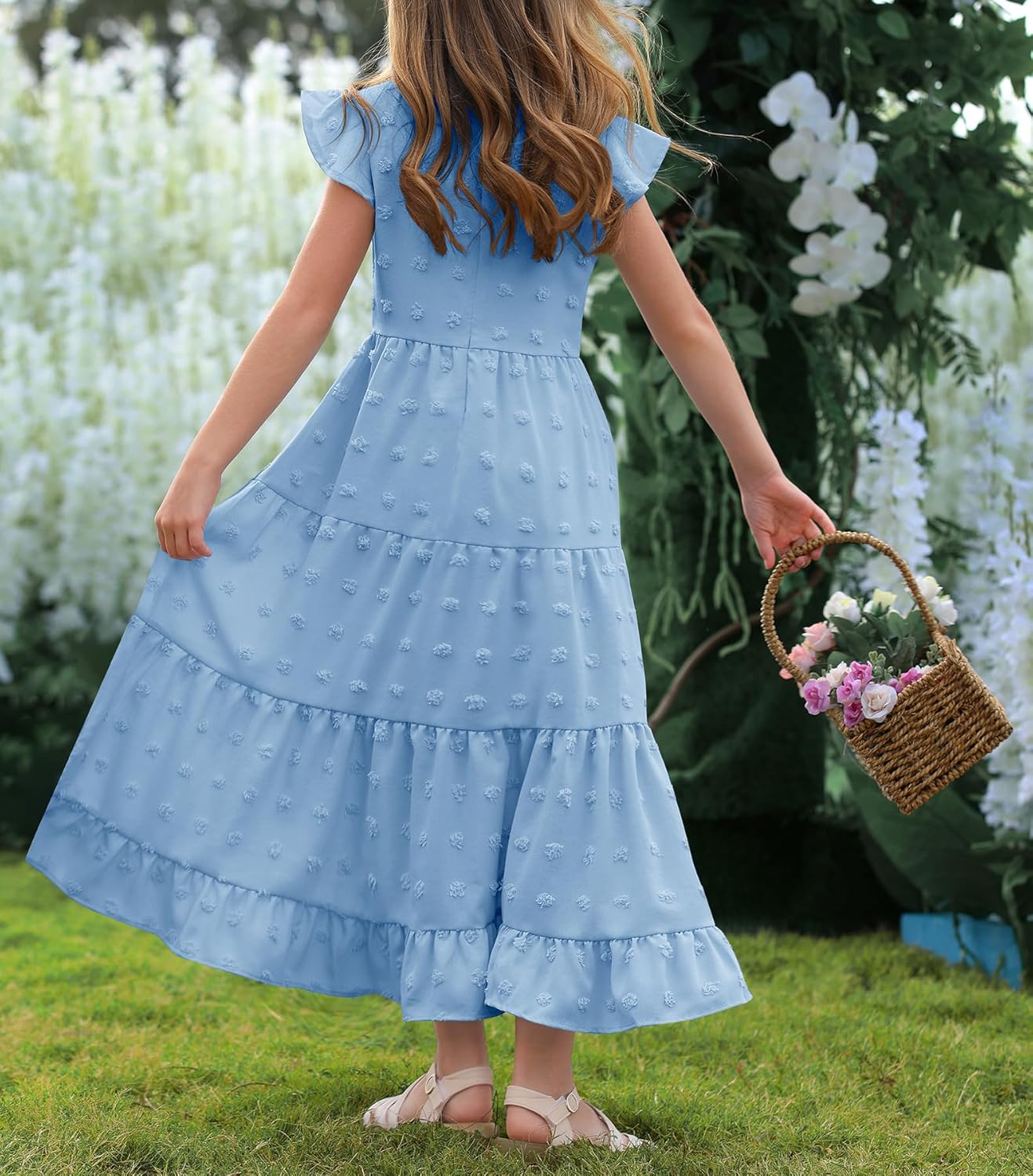 HOSIKA Girls Maxi Dress Ruffle Sleeve Swiss Dot A Line Tiered Flowy Casual Party Dresses with Pockets for 6-12 Y - Image 5