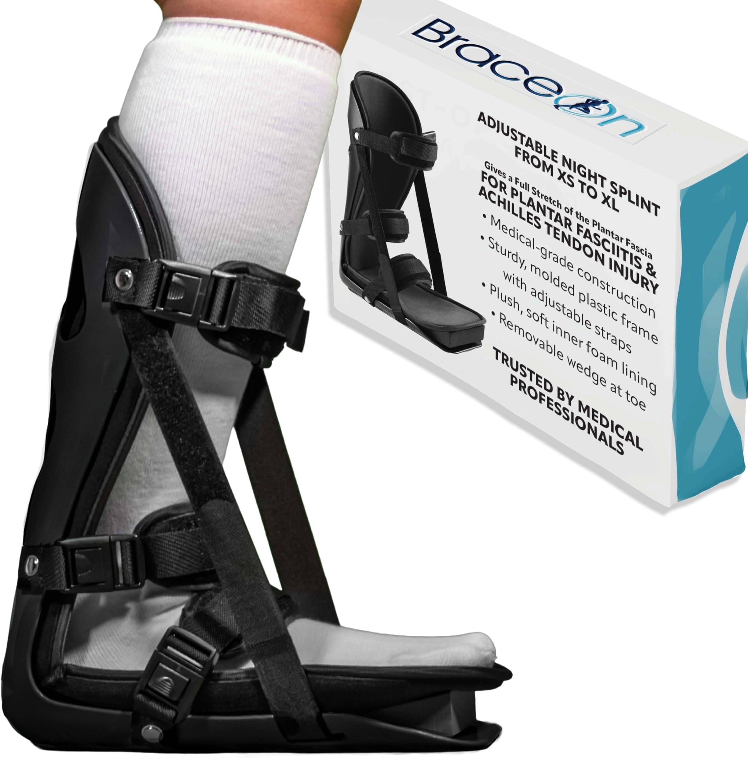 Brace On Adjustable Night Splint - Plantar Fasciitis, Achilles Tendon, Heel Spur, and Foot Pain Relief Stretching Boot for Men and Women, Medium, Black