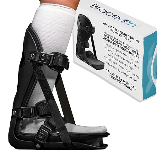 Brace On Adjustable Night Splint - Plantar Fasciitis, Achilles Tendon, Heel Spur, and Foot Pain Relief Stretching Boot for Men and Women, Black,