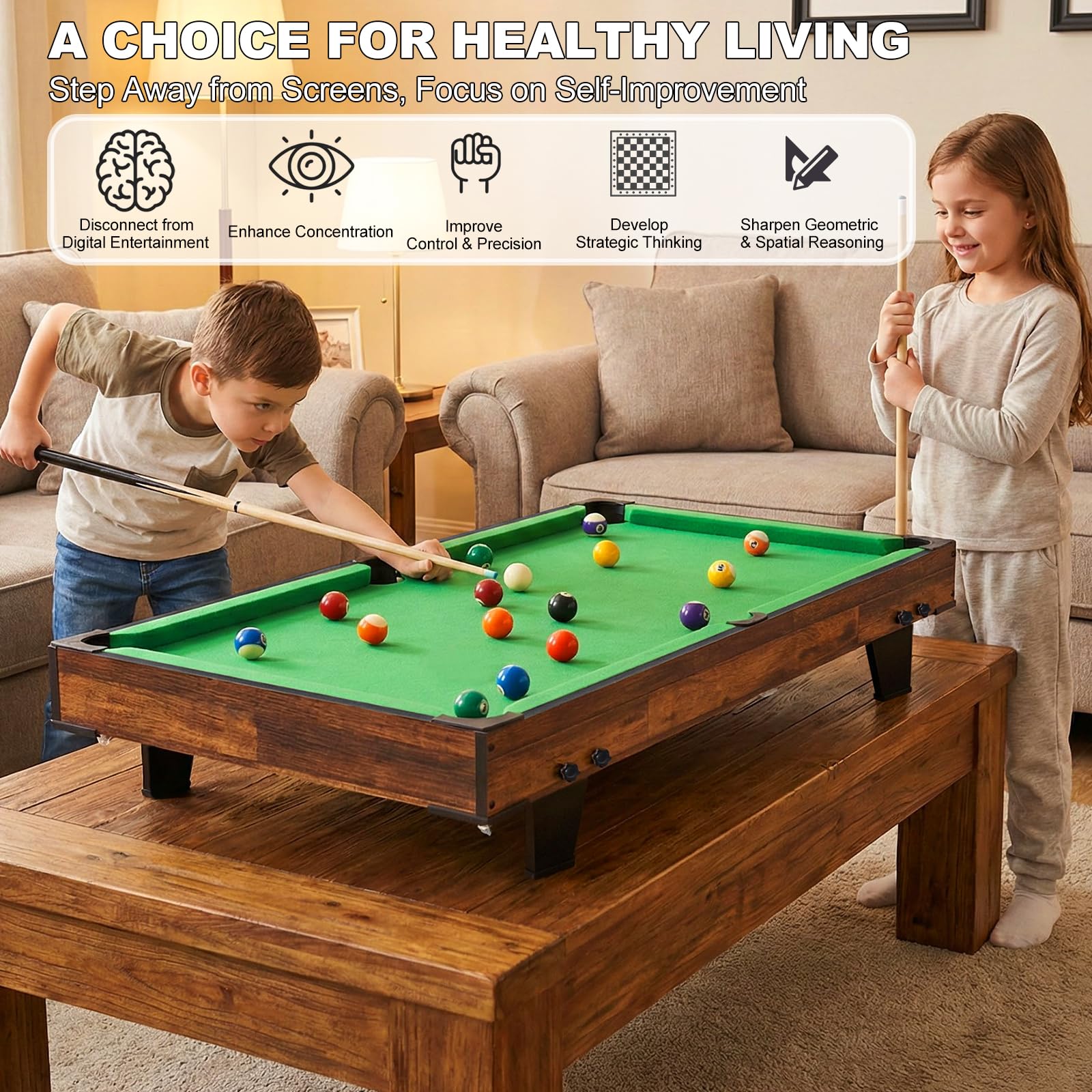 Mini Table de Billard, 4 FT Table de Billard Amusante, Tapis Feutrine Verte, Tous Accessoires Inclus, Table de Billard, Piscine Bureau pour Enfants Adultes