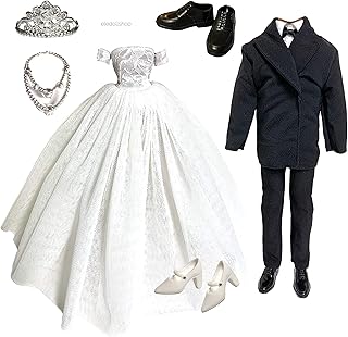 11.5 inch Doll Clothes & Shoes Wedding Bride Groom Bridal Set Wedding Dress & Groom Tuxedo Tux Black Suit for Fashion Doll Boy Ken Doll Fashion Pack Wedding Table Centerpiece Decoration