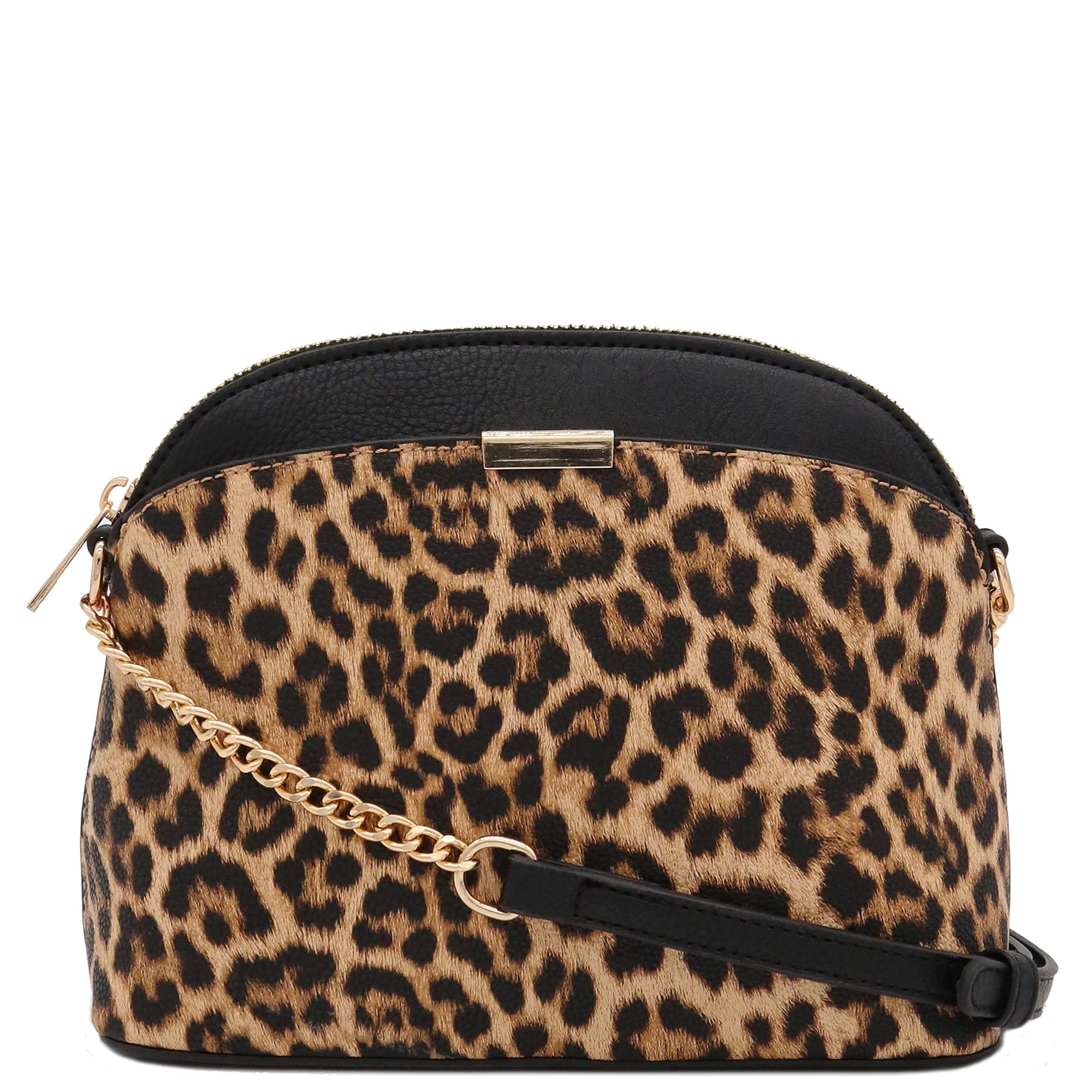 FashionPuzzle Leopard Paisley Print Small Dome Crossbody with Chain Strap, Classic Black/Tan, Medium