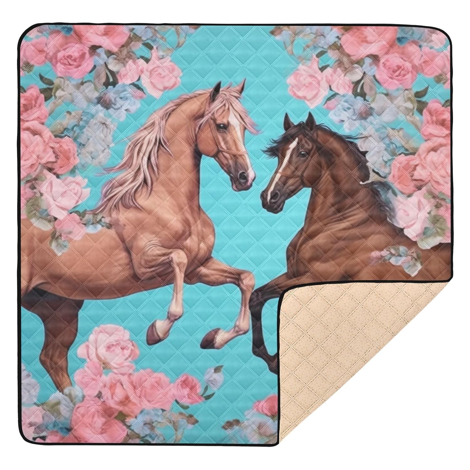 Qilmy Horse Baby Gyms Play Mat for Floor, Waterproof Soft Crawling Mat with Non-Slip Bottom, Lightweight Foldable Picnic Camping Mat for Infants, Toddlers, 50x50in