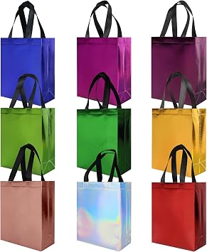 cabzymx 18 Pcs Multicolor Small Gift Bags Bulk, 8 x 3.9 x 9.8 In Glossy Non-woven Party Bags with Sturdy Base, Reusable Goodie Bag for Birthday, Wedding, Party, Holiday- 9 Colors