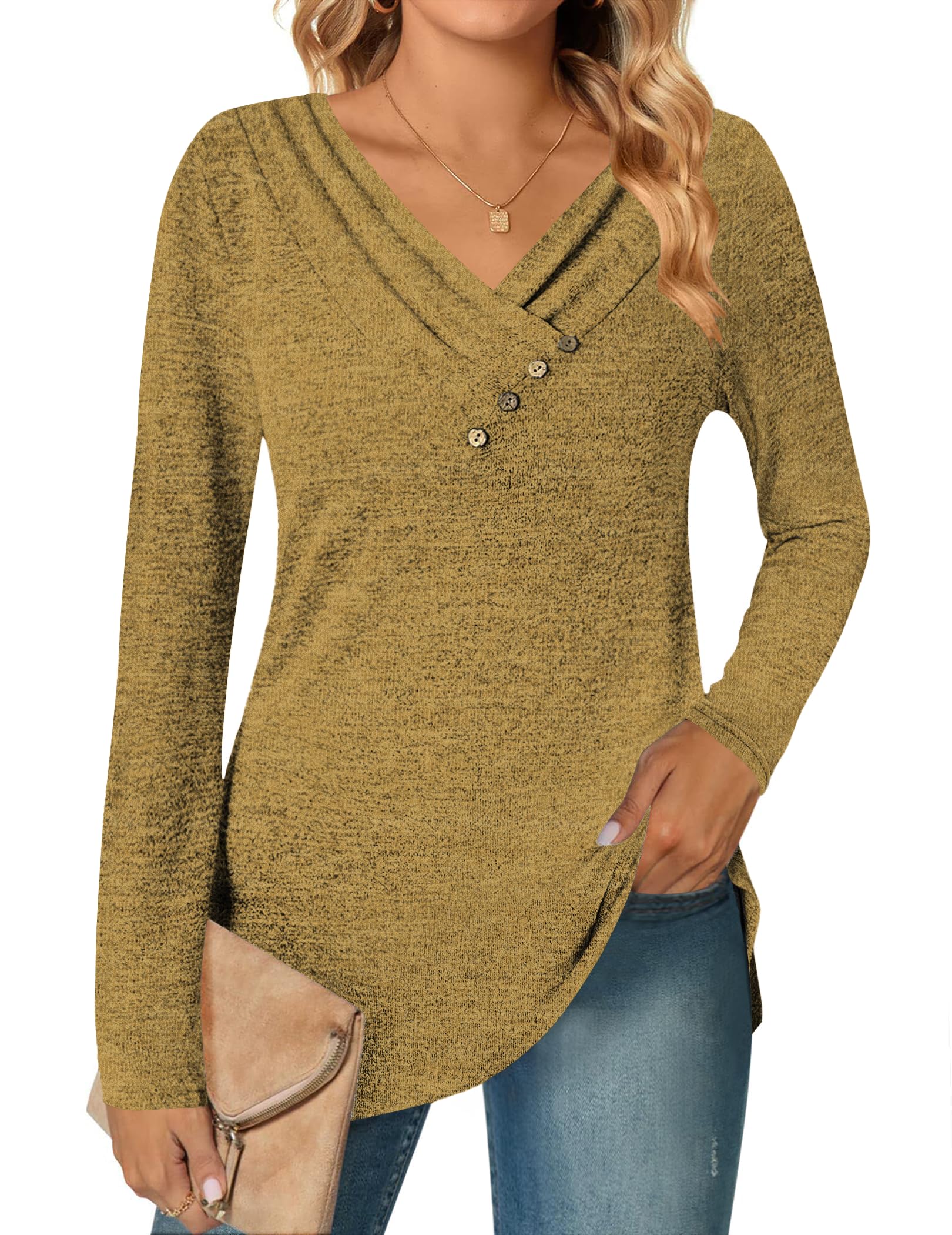 DUOEASE Langarmshirt Damen Elegant Pullover Herbst Winter Casual V-Ausschnitt Oberteile