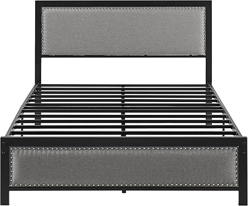 Miniatura 59 de VECELO Base de cama tamaño matrimonial con cabecera tapizada, plataforma resistente con listones de metal fuertes, no necesita somier, fácil Lino y