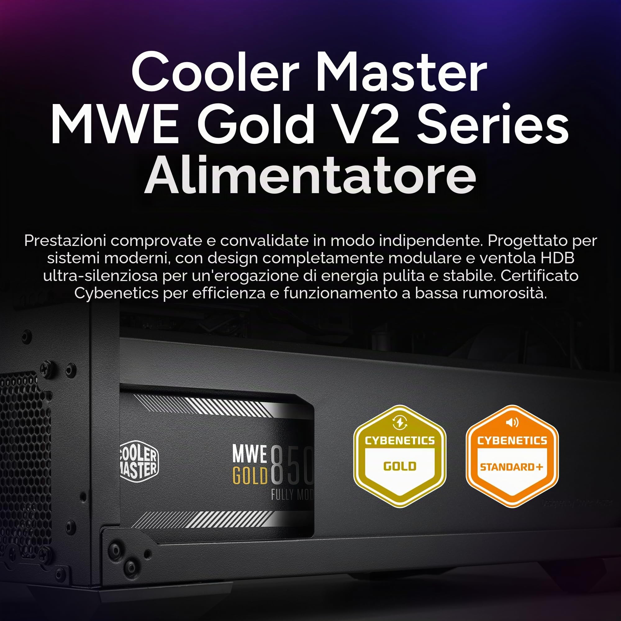 Cooler Master MWE Gold 850 V2 completamente modulare, 850 W, efficienza 80+ Gold, ventola HDB silenziosa, 2 connettori EPS, resistenza alle alte temperature, garanzia 5 anni