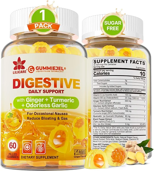 LILICARE Ginger Chews Gummies for Nausea & Digestive Support, Stomach Relief - Sugar Free with Turmeric & Odorless Garlic, Quercetin, Vitamin D3, C, Delicious Digestive Supplements, 60Cts (Pack of 1)