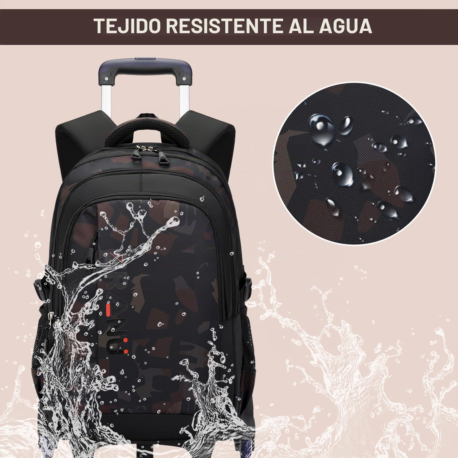 Amythe Mochila con Ruedas Niños Mochilas Escolares Trolley para Adolescentes 10 12-24 años, Carro para Mochilas 6 Ruedas, Mochila de Viaje Gran Capacidad y Resistente al Agua, Marrón