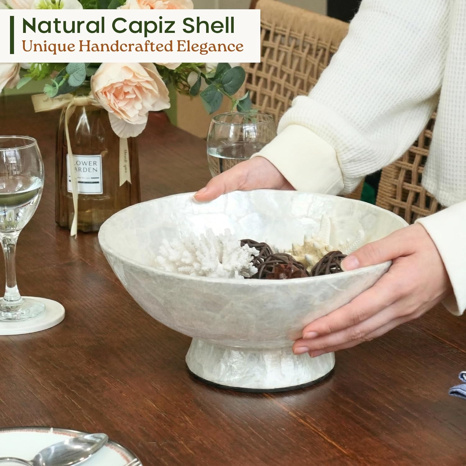 11” White Capiz Shell Decorative Bowl, Large Footed Centerpiece Bowl for Kitchen Island Decor, Modern Farmhouse Fruit Bowl for Entryway & Home Décor Accents