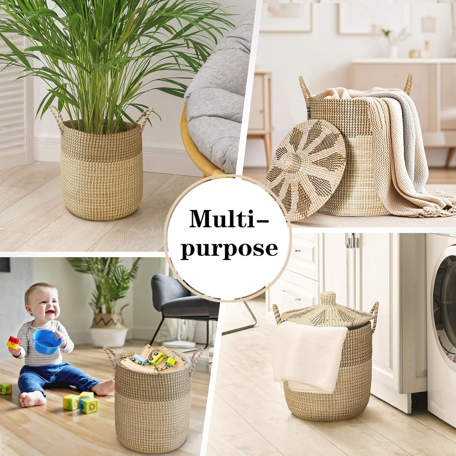 Laundry Hamper with Lid, 14.69 Gal Wicker Laundry Baskets with Lids Handles Removable Liner, Handwoven Rattan Storage Basket for Bedroom & Living Room Home