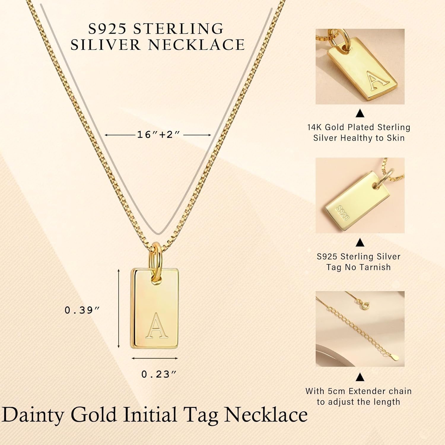 JSJOY S925 Sterling Silver Initial Necklaces for Women 14K Gold Plated Dainty Letter Name Necklace Personalized Tag Necklace for Women Trendy Pendant Jewelry Gifts