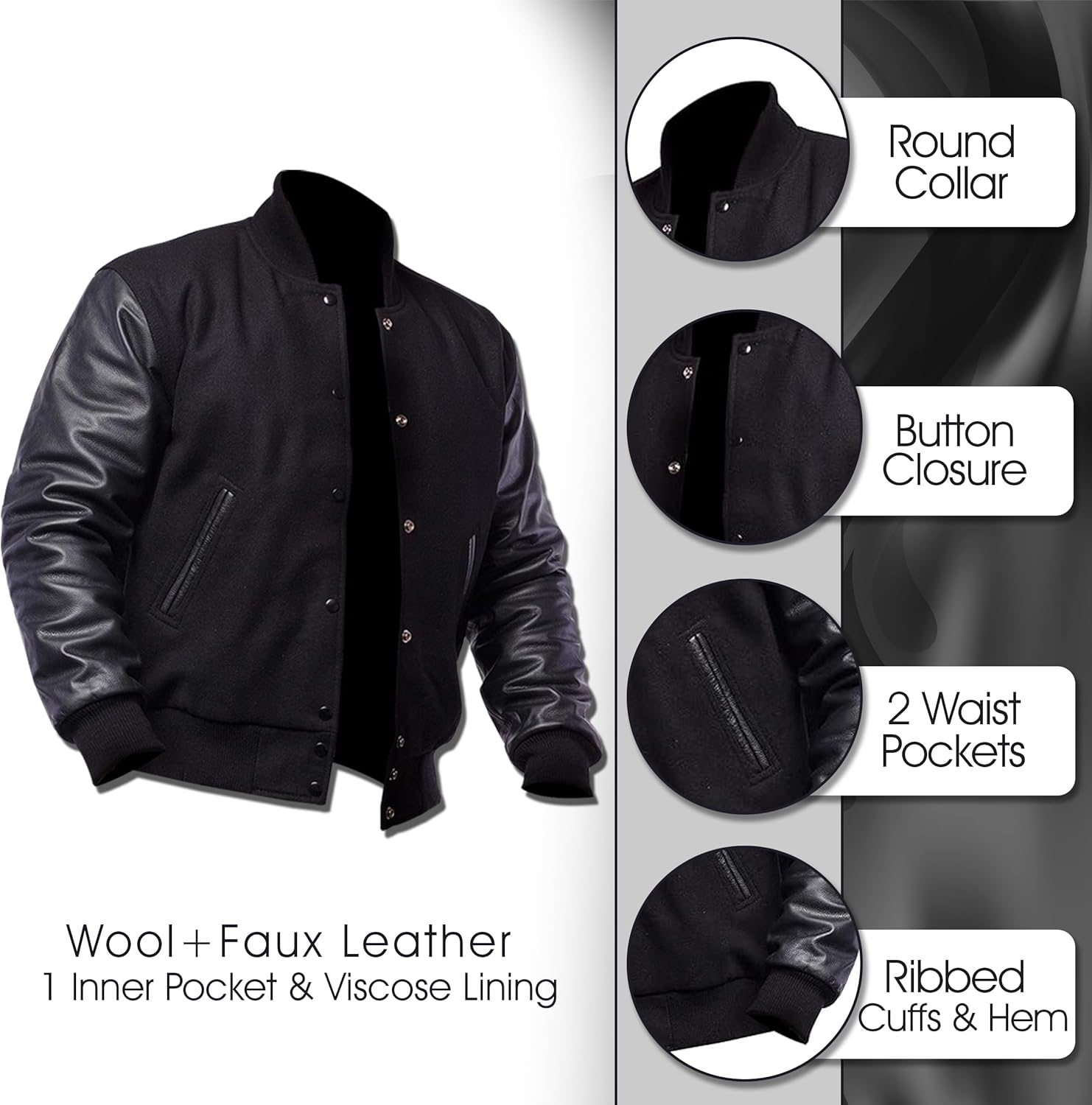 LP-FACON Unisex Varsity Letterman Jacket | Mens College Baseball High School Bomber Wool + Faux Leather Jacket - Image 4