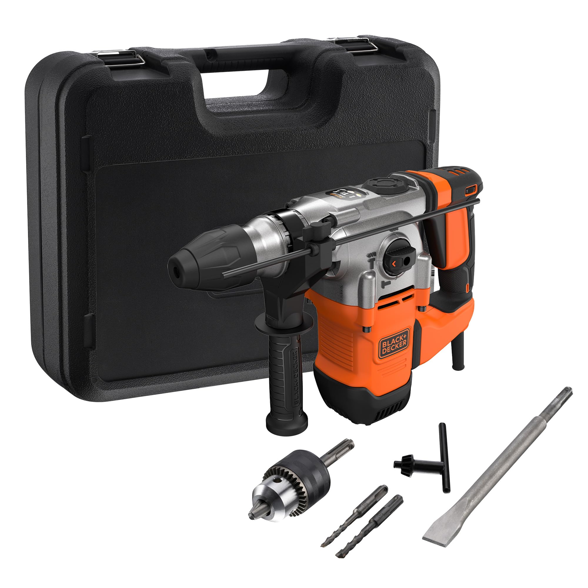 BLACK+DECKER Taladro percutor SDS+, motor de 1250W, 3 modos de funcionamiento, fuerza de impacto de 3,5J, incluye brocas y cincel, BEHS03K-QS