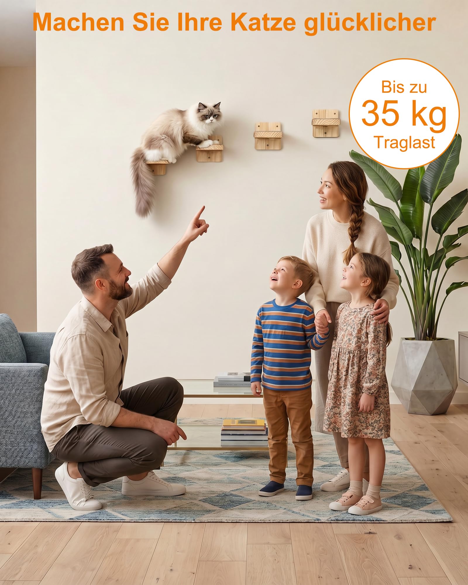 4 Stück Katzentreppe Wand: Kletterwand Katzen aus Massivholz mit Juteseil 21cm bis 35kg Wandliege zum Klettern Ruhen Kratzen für Wohnung Katzen