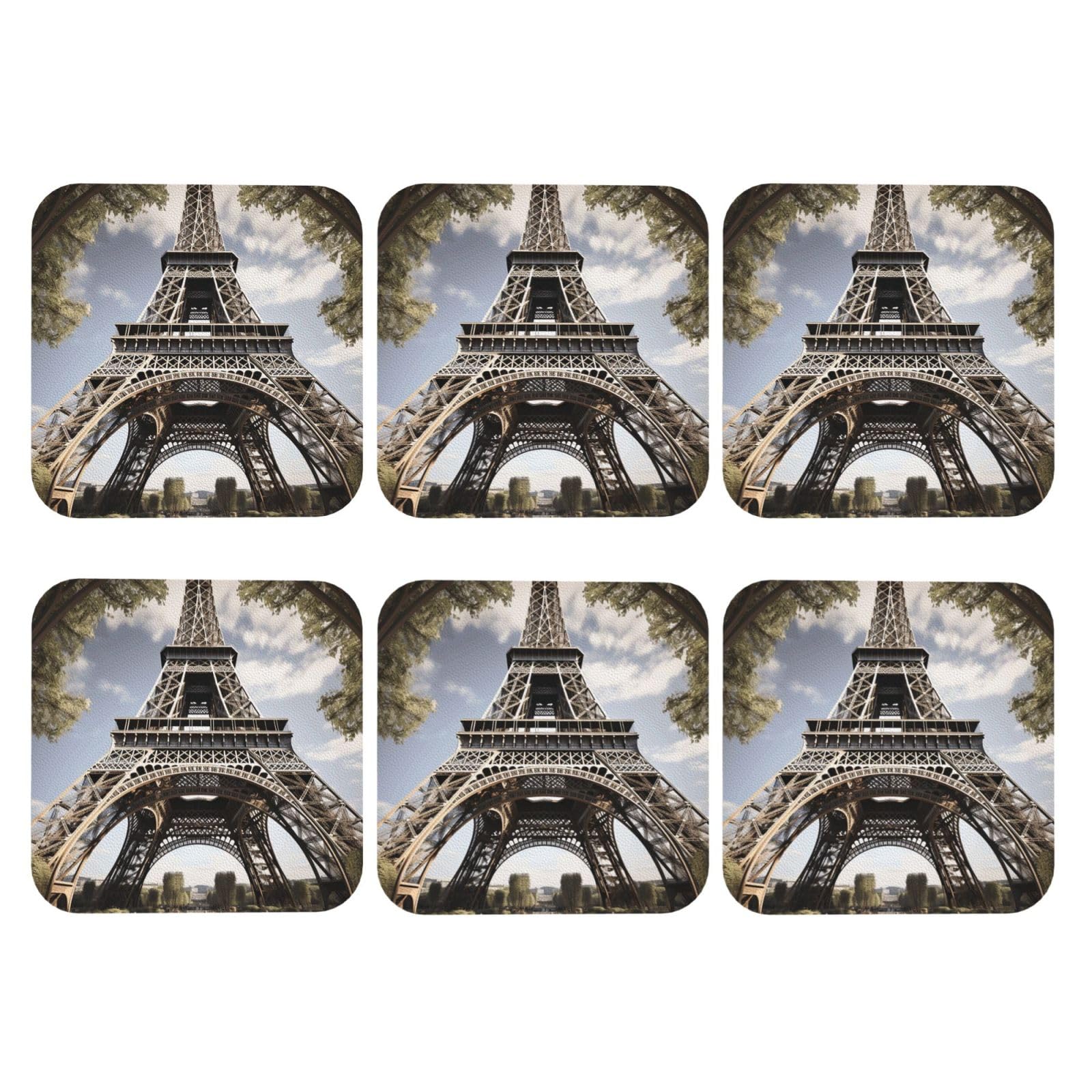6Pcs PU Leather Coaster for Drinks, Eiffel Tower French Paris Monument Cup Coastersr 4" Cup Mat Pad, Aesthetic Drink Coasters for Coffee Table, Square Coaster for Tabletop Protection