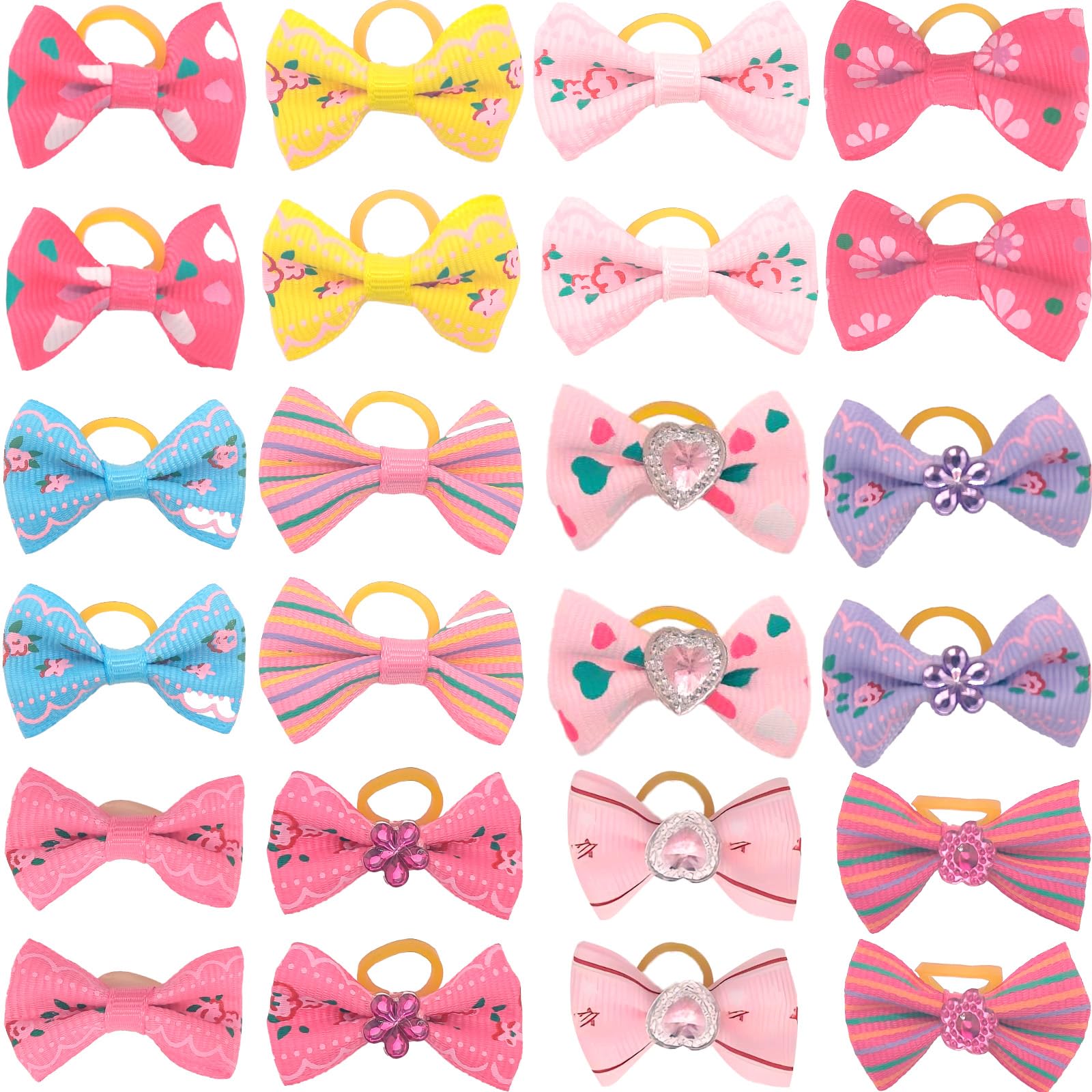 Naturahand 24pcs Dog Hair Bows with Rubber Bands, Cute Puppy Dog Bow Ties Handmade Little Dog Knotted Bows Multicoloured Pets Cats Dogs Grooming Bow Accessories