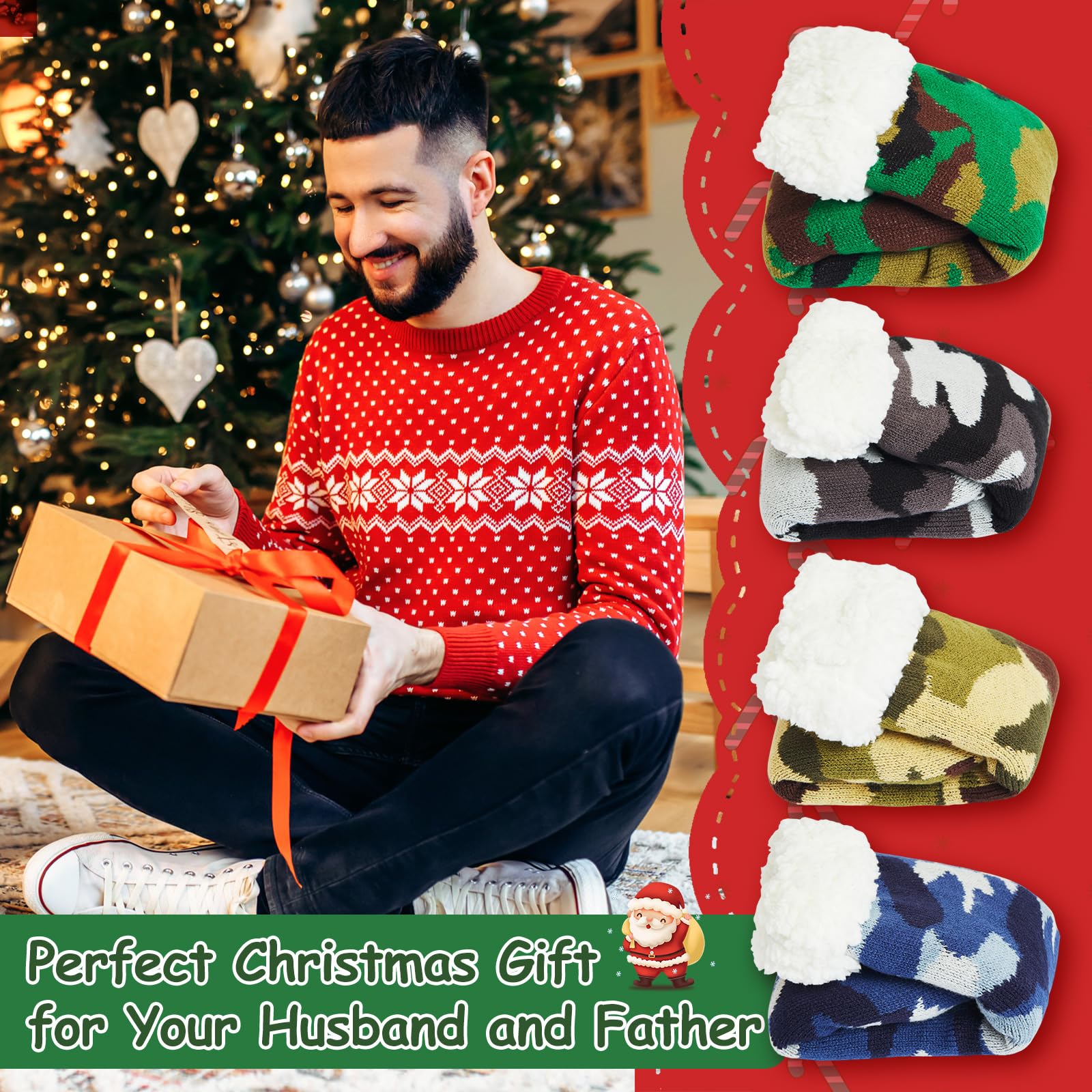 Berlune 4 Paar flauschige Herren-Socken mit Greifern, für den Winter, rutschfest, warm, mit Fleece gefüttert, dick, gemütlich, Camouflage-Socken für Herren, Zubehör, Geschenke für Weihnachten