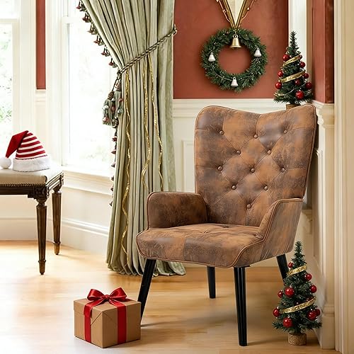 Miniatura 1 de ECOTOUGE Silla WingBack, silla de acento rústica con brazos tapizados, respaldo de botón para sala de estar (marrón)