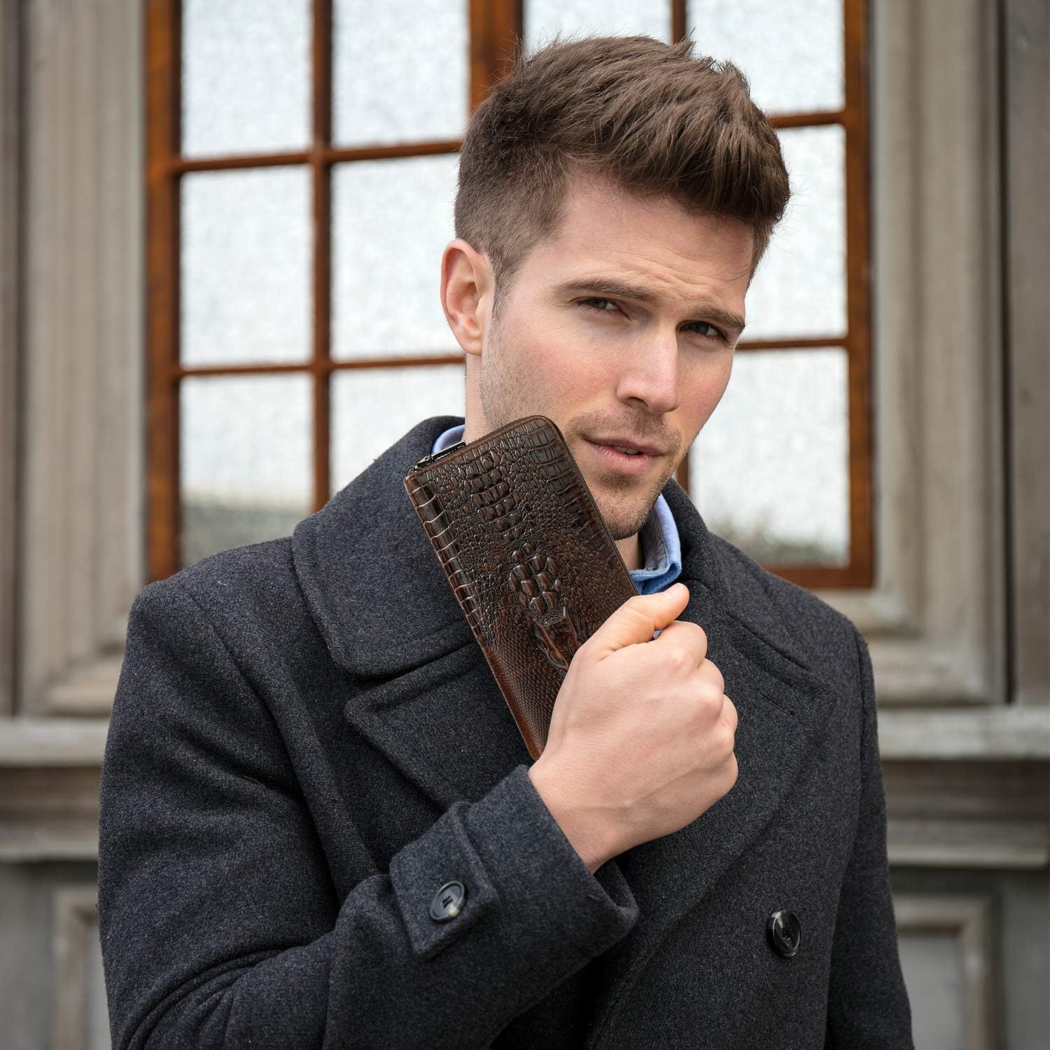 NIUCUNZH Genuine Leather Cool Long Wallets for Men Personalized Zip Around Wallet Checkbook Cash Credit Card Holder Wallet Coffee - Image 2