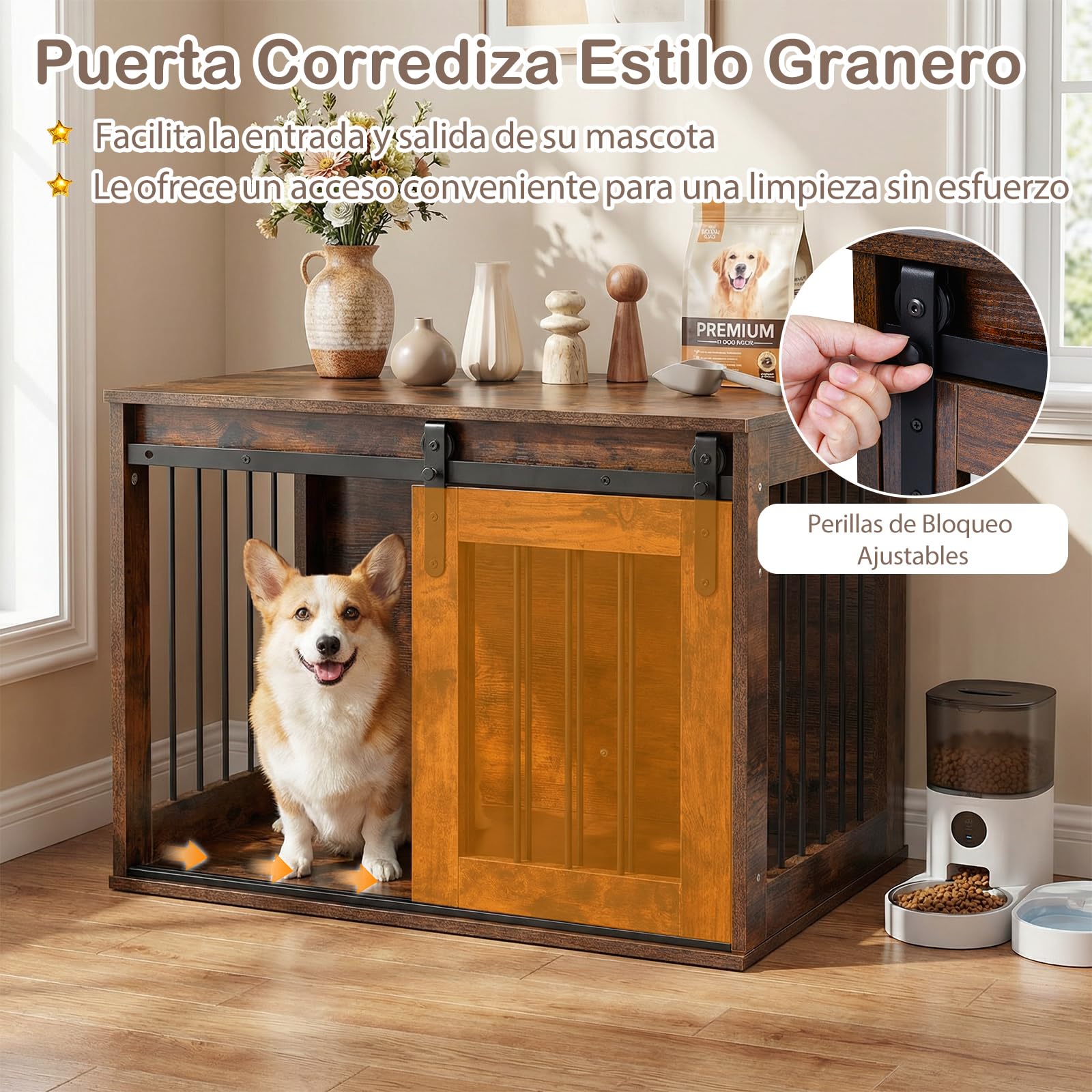 COSTWAY Jaula para Perros, Mueble para Perros con Puerta Corrediza, Mesa Lateral Decorativa, Estructura Metálica, Mueble Jaula de Madera para Mascotas Pequeñas y Medianas, 80 x 54 x 57 cm (Marrón)