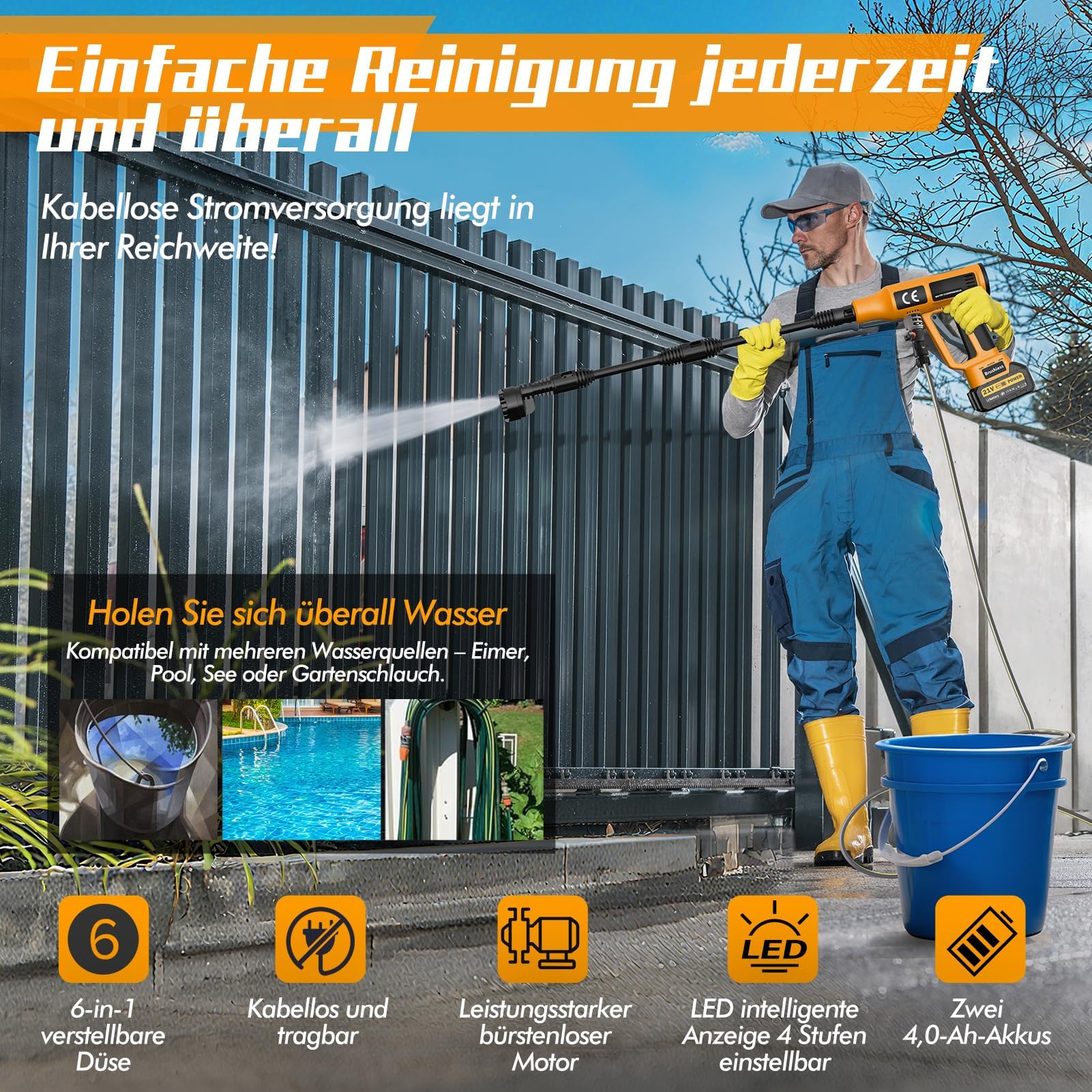 Idropulitrice a Batteria Portatile 200 Bar, Pulitore ad Alta Pressione Senza Fili con 2 Batterie 4.0Ah, 5m Tubo & Spruzzatore di Schiuma, Schermo LED Touch 4 Livelli Regolabili, per Auto Giardino