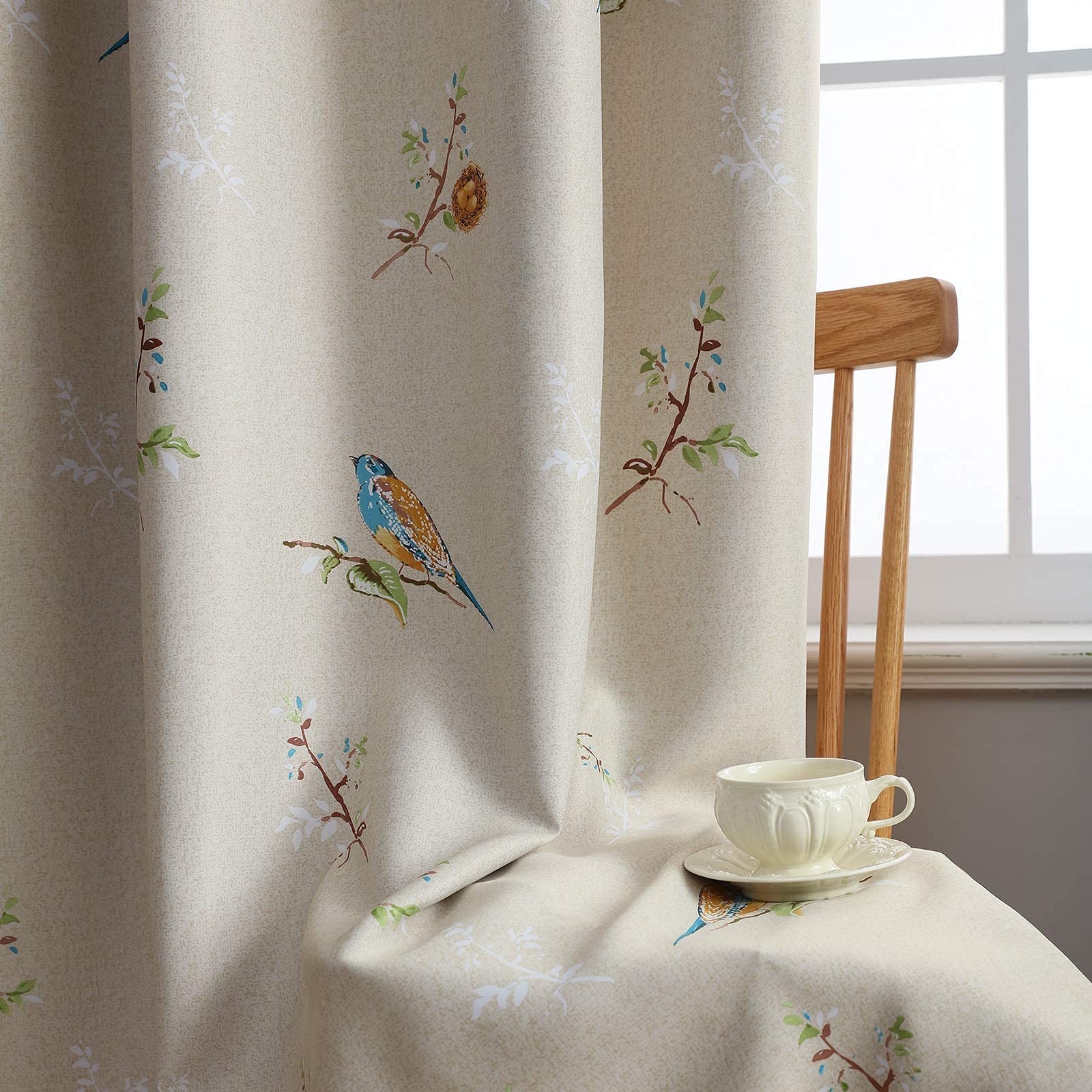 SUOUO Rideaux occultants Double Face à Motif Oiseaux pour Chambre à Coucher - 213 cm de Long - 2 Panneaux à Isolation Thermique - Taupe