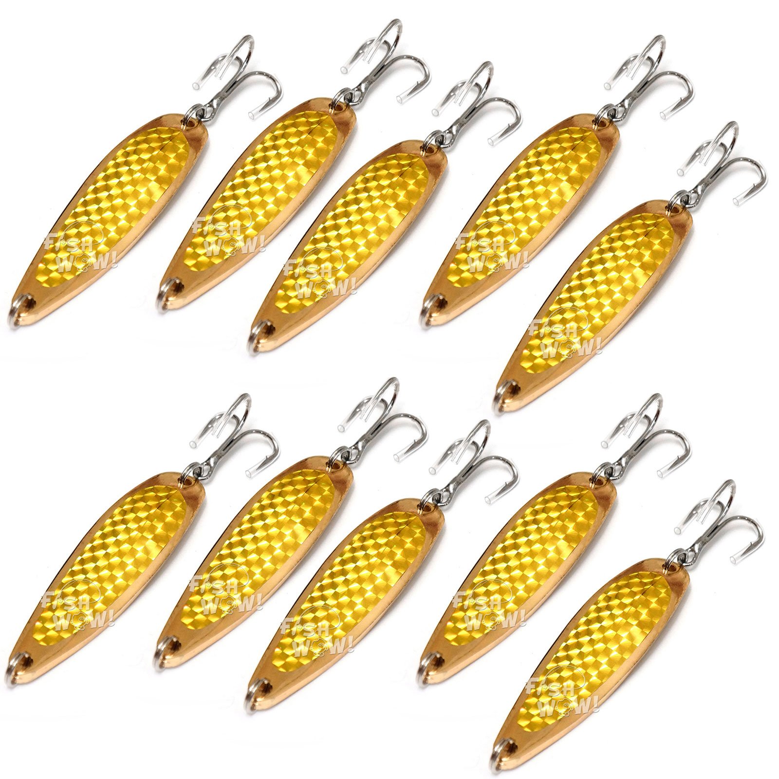 10pcs 2oz 6inch Fishing Spoon with Treble Hook Casting Fish Jig Gold Tape - Fish WOW!