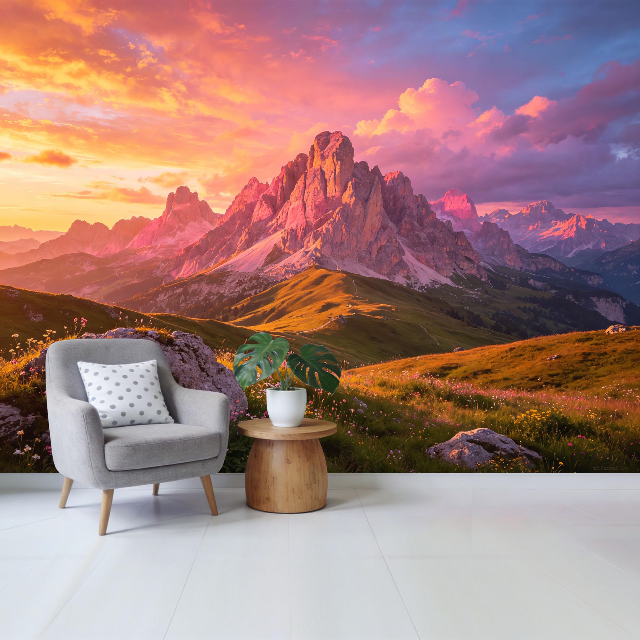 Custom Size Wall Mural Sunset Mountain Landscape Alpine Meadow Panorama Removable Self Adhesive Fabric Home Wall Decor for Living Room Bedroom Bathroom