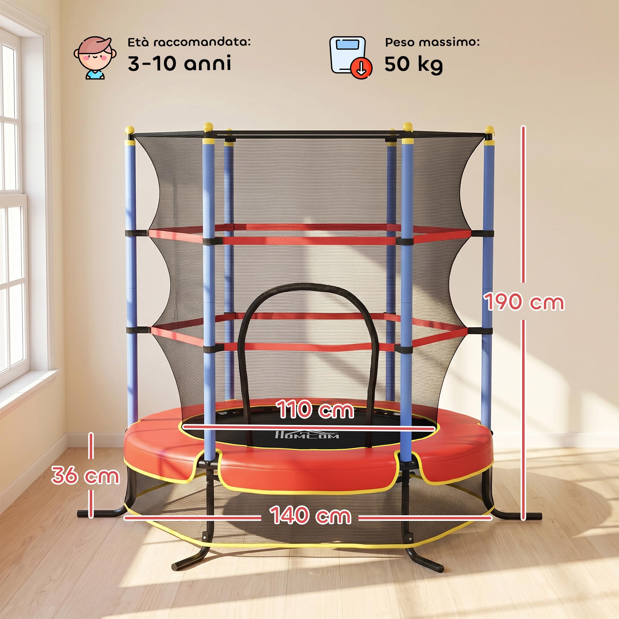 HOMCOM Trampolino Elastico per Bambini Età 3-10 Anni Ø175 x 190 cm Blu | Con Rete di Sicurezza, Tappeto Elastico, Pali Imbottiti, per Interno ed Esterno
