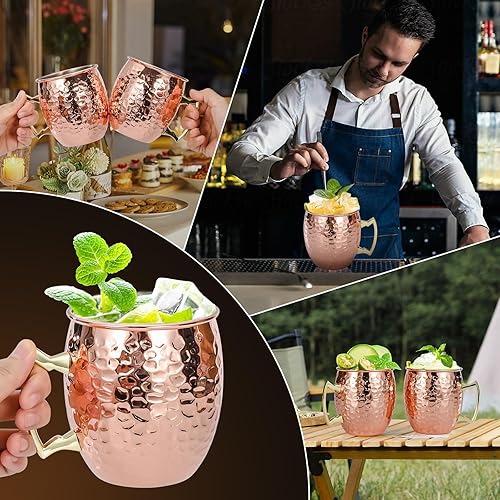 Miniatura 6 de Moscow Mule - Juego de 4 tazas de cobre martillado de 16 onzas con forro de acero inoxidable 304 y asas de latón dorado, para bebidas frías