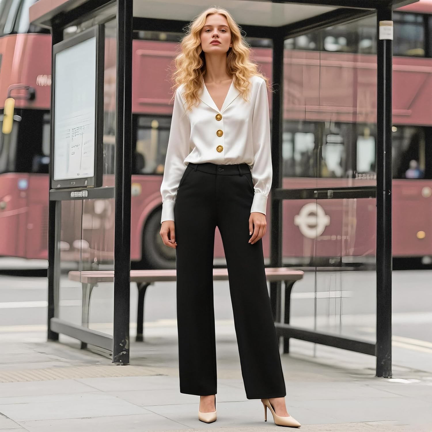 iChosy Womens High Waist Wide Straight Leg Trousers Casual Slacks Dress Pants with Pockets - Image 3