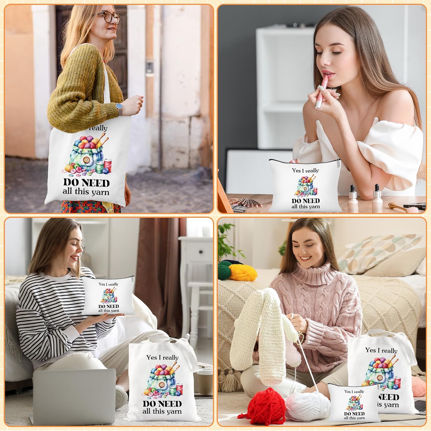 Canvas Crochet Tote Bag for Women - 2 Pcs Aesthetic Cosmetic Pouch Tote Bags, Yarn Pattern Fun Quote Design Reusable Grocery Bags, Gifts for Crochet Lovers Mom Friends - Image 6