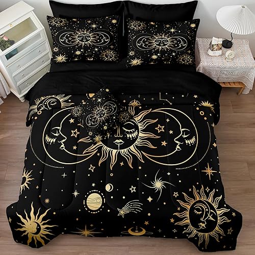 Miniatura 4 de MOVE OVER Juego de 8 piezas Universo en una bolsa tamaño King juego de edredón negro dorado juego de edredón Sol y Luna juego de edredón suave y