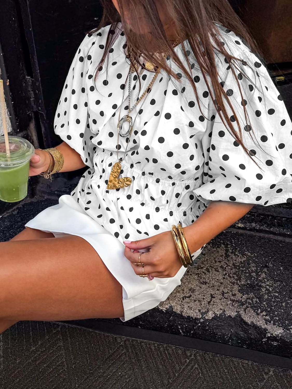 Cicy Bell Womens Polka Dots Peplum Tops Summer Puff Short Sleeve Round Neck Blouses Trendy Casual Shirts - Image 4