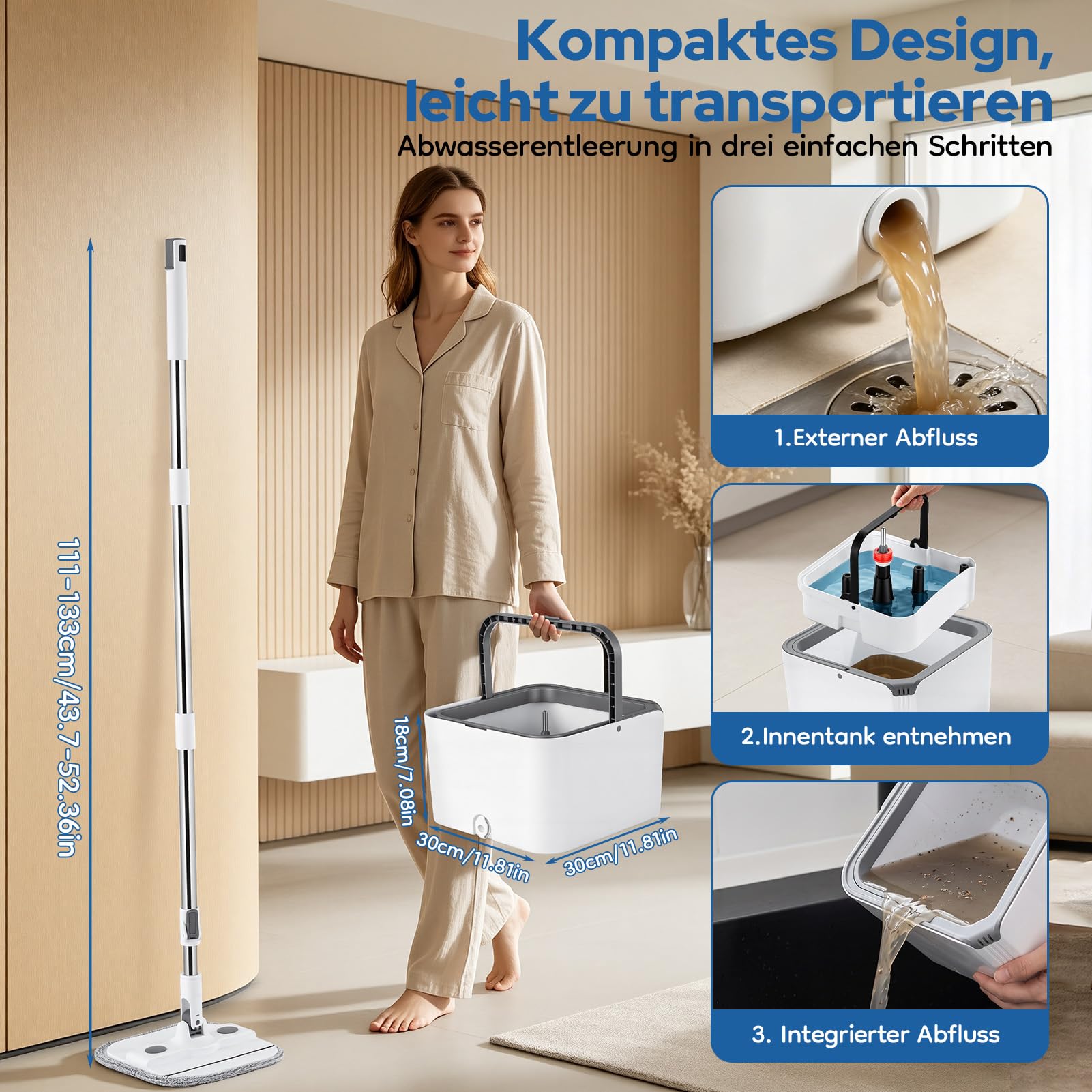 papasbox Wischmopp Set mit Eimer 2 Kammern Bodenwischer Wischer Boden | Auswringfunktion mit 2 Mikrofaser Pads Wischmop für Nass- & Trockenmopps für den Haushalt