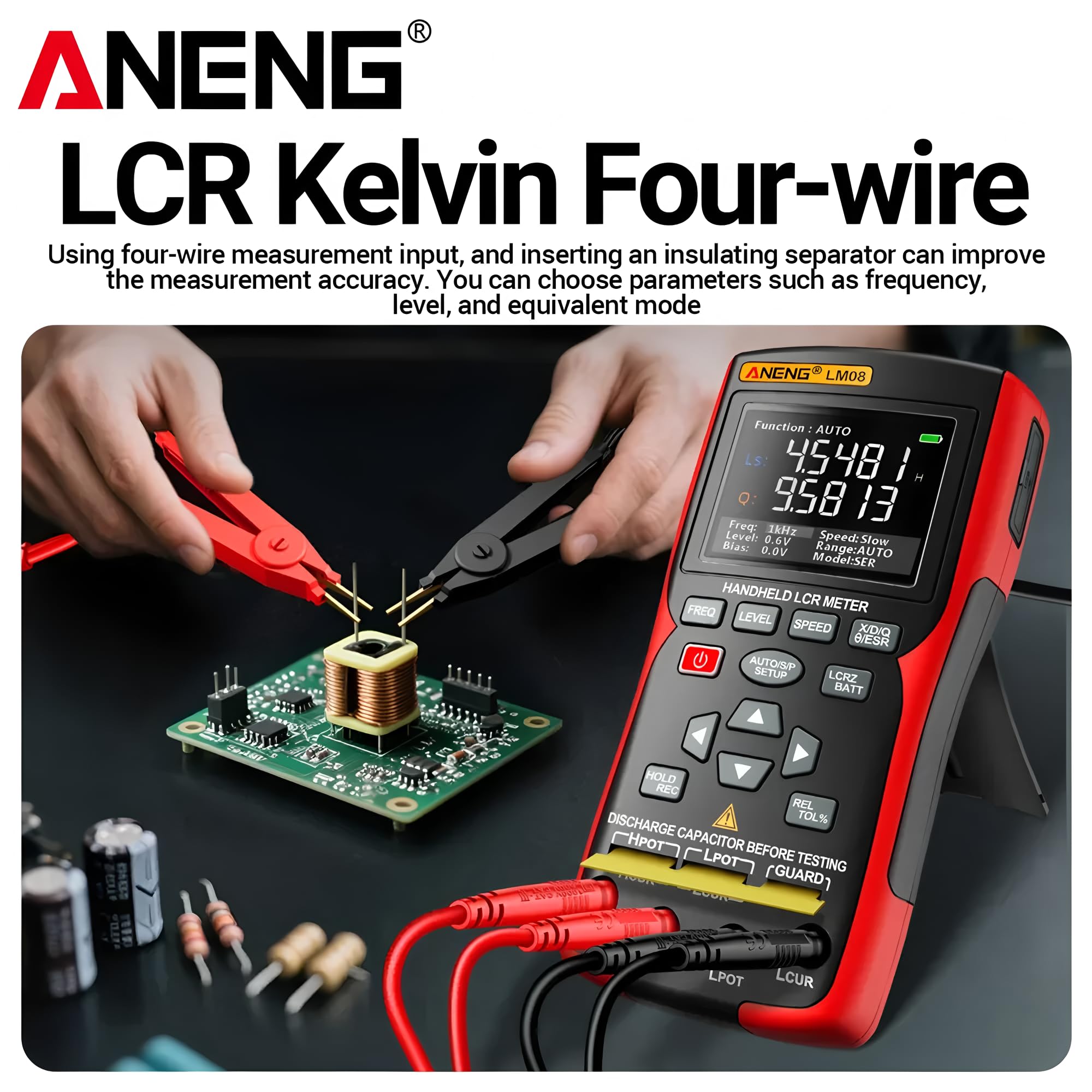 Medidor Puente LCR LM08 Medidor ESR Electrónico Multímetro Capacitor Reparación Taller Prueba Inductancia Resistencia DIY 100Hz 100kHz Herramientas de Medición (LM08+pinza Kelvin)
