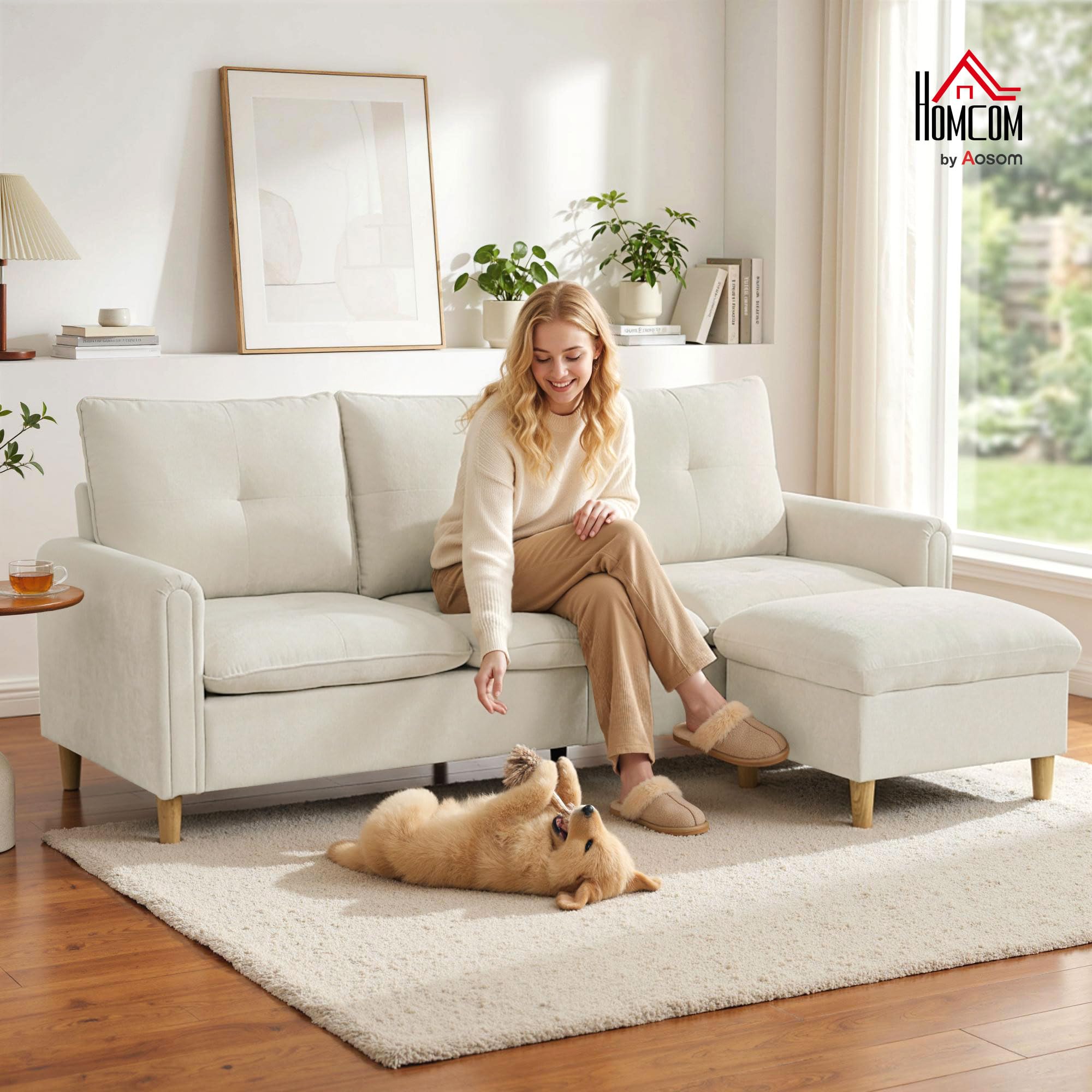 HOMCOM Divano a 3 posti con pouf portaoggetti divano angolare modulabile 210 cm moderno seduta ampia imbottita cuscini a molla, tessuto effetto lino, gambe in legno di albero della gomma, per | Ottomano di stoccaggio