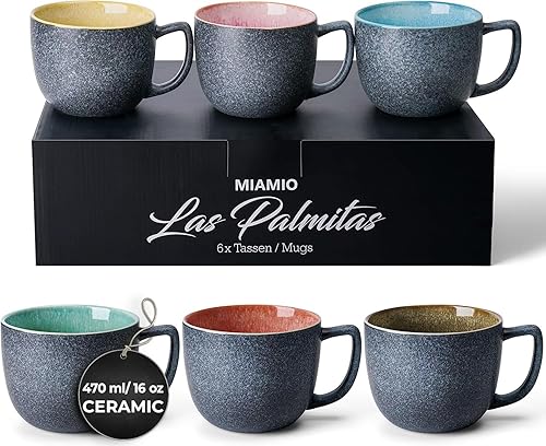 MIAMIO - Juego de tazas de café de 6 x 16 onzas/tazas de café de gres grandes/modernas tazas de café - Colección Las Palmitas