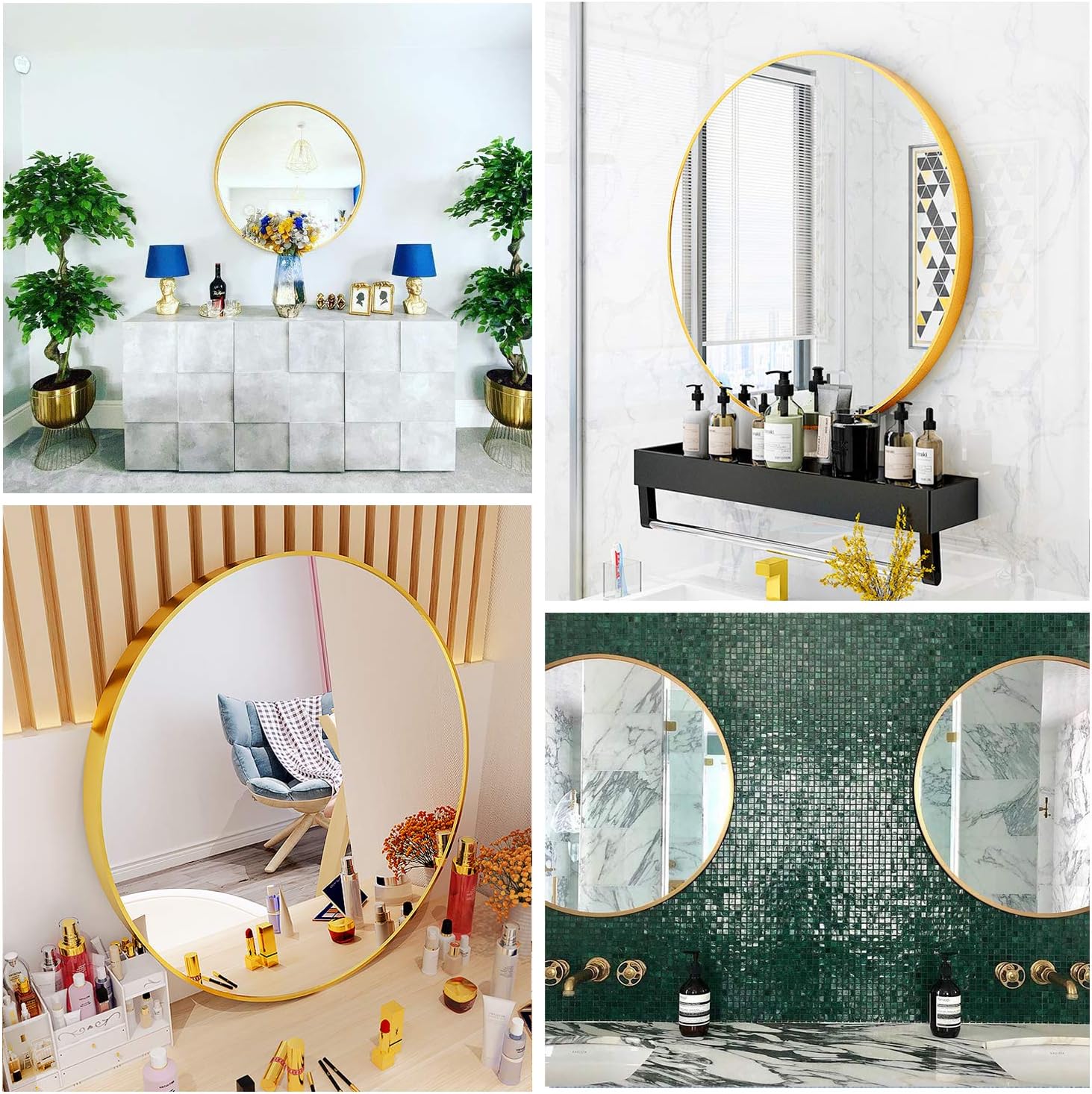 YWH Gold Round Mirror for Wall 24 Inch Modern Wall Mounted Circle Mirror for Bathroom Vanity Living Room Wall Decor Aluminum Alloy Metal Frame Wall Mirror